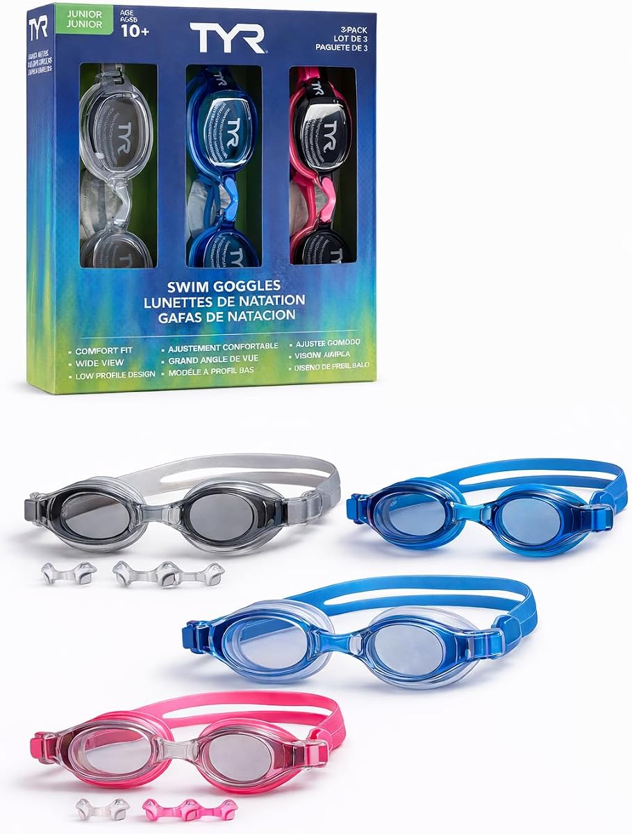 TYR Junior Swim Goggles 3-Pack (Ages 10+), CSTC JR Goggle Set Smoke/Multi LCWJGCA