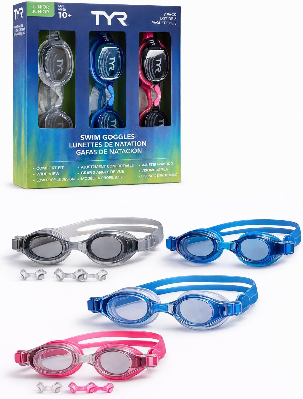 TYR Junior Swim Goggles 3-Pack (Ages 10+), CSTC JR Goggle Set Smoke/Multi LCWJGCA