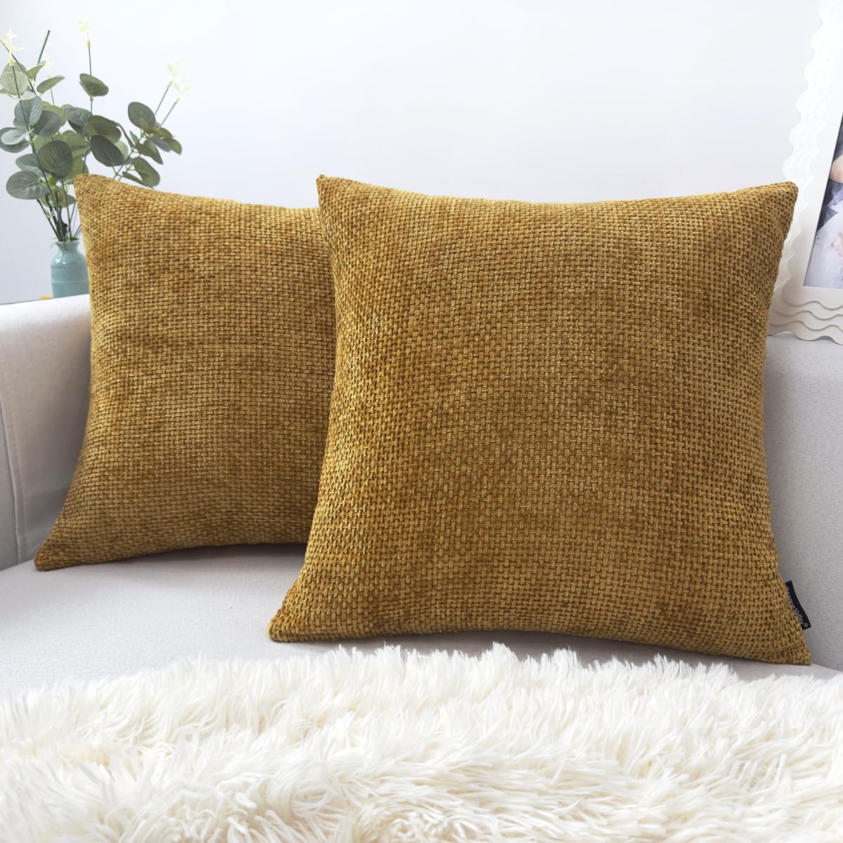 Booque Valley Decorative Throw Pillow Covers, Modern Texture Thick Chenille Cushion Covers for Bed Sofa, Hand Made Chunky Wave Accent Square Daily Pillowcases, 2 Pack(18 x 18 inch, Mustard)