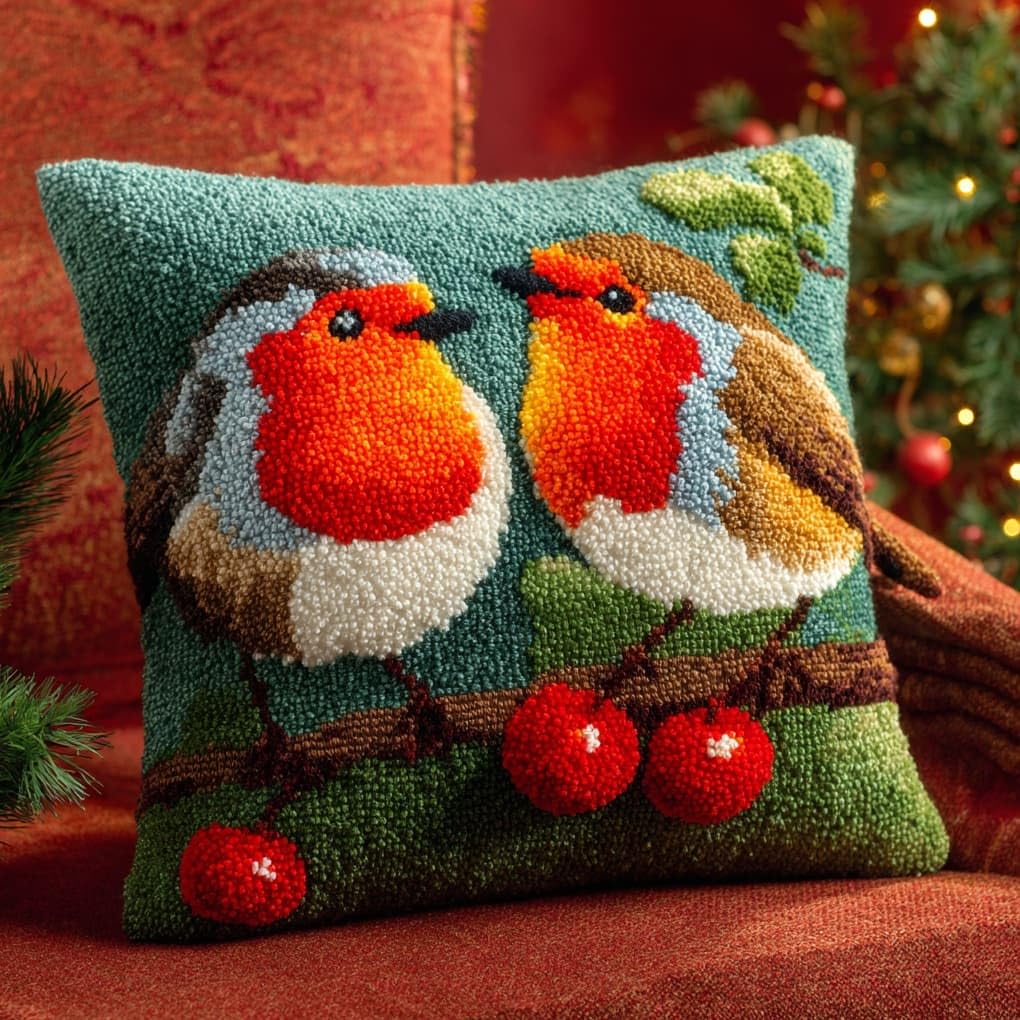 Henypt Latch Hook Craft Kit 17x17 Inch,Christmas Robin Complete Embroidery Cushion Kit,Creative Craft Stress Relief Handmade Gift for Beginners