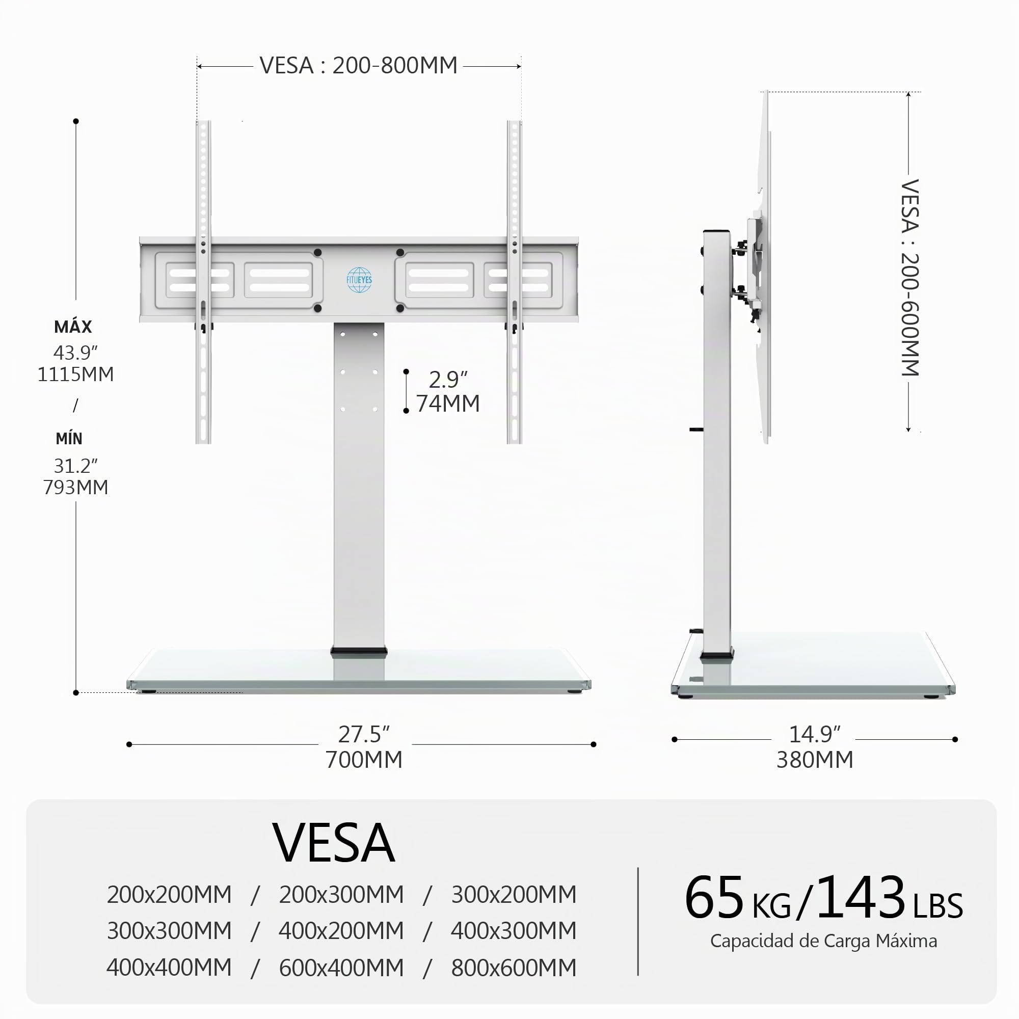 FITUEYES Soporte TV Pie Blanco para Pantalla de 50 a 85 Pulgadas hasta 50kg, Soporte TV Universal con Base de Crista, Altura Ajustable & Giratorio, MAX VESA 600x800mm Carga 50kg