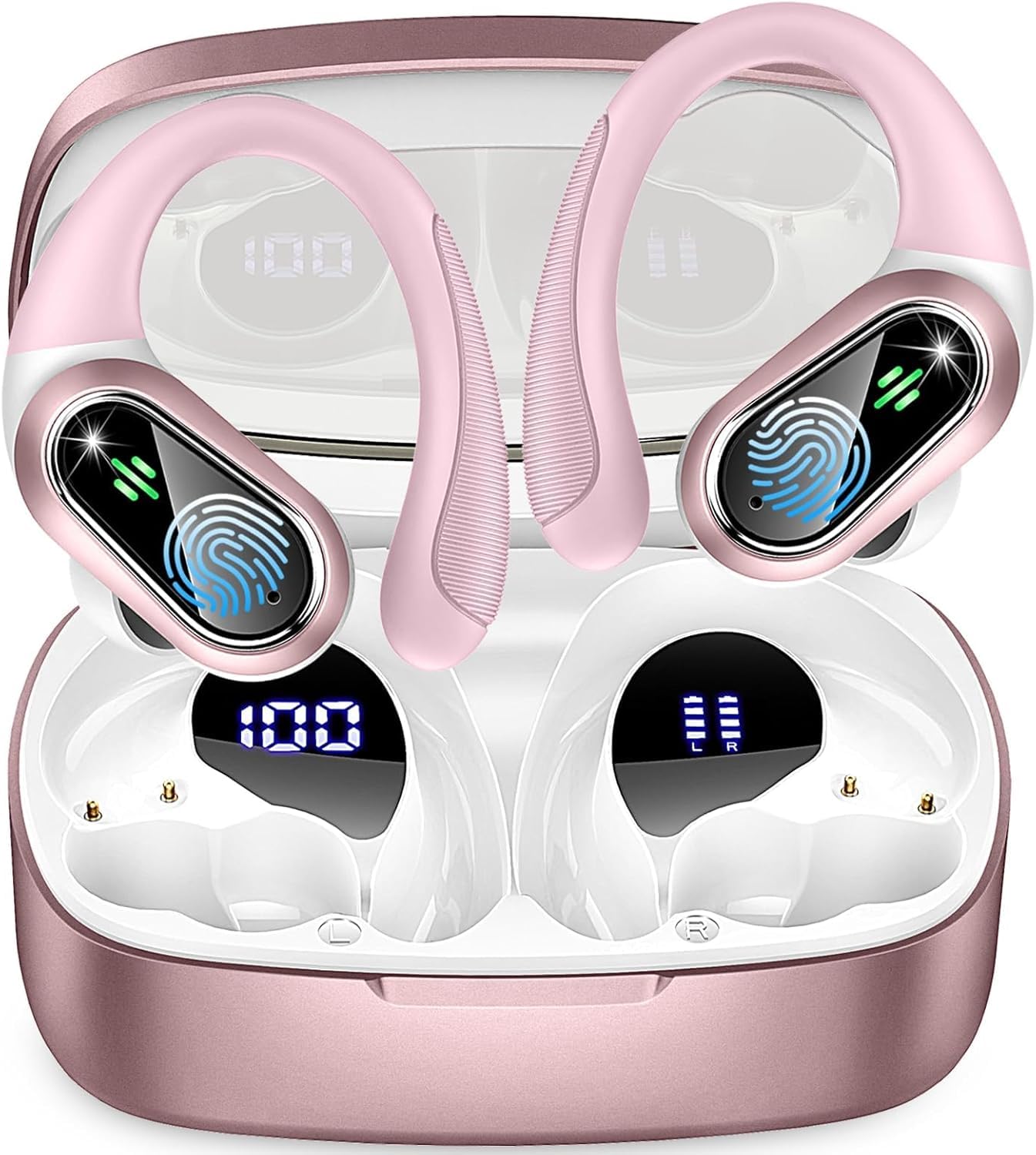Cuffie Bluetooth Sport, Auricolari Bluetooth 5.3 con HD Mic Stereo, 50Ore Stereo Cuffie Wireless con Ricarica Rapida USB-C, Cuffiette Bluetooth Display LED, IP7 Impermeabili Cuffie Senza Fili,Oro rosa