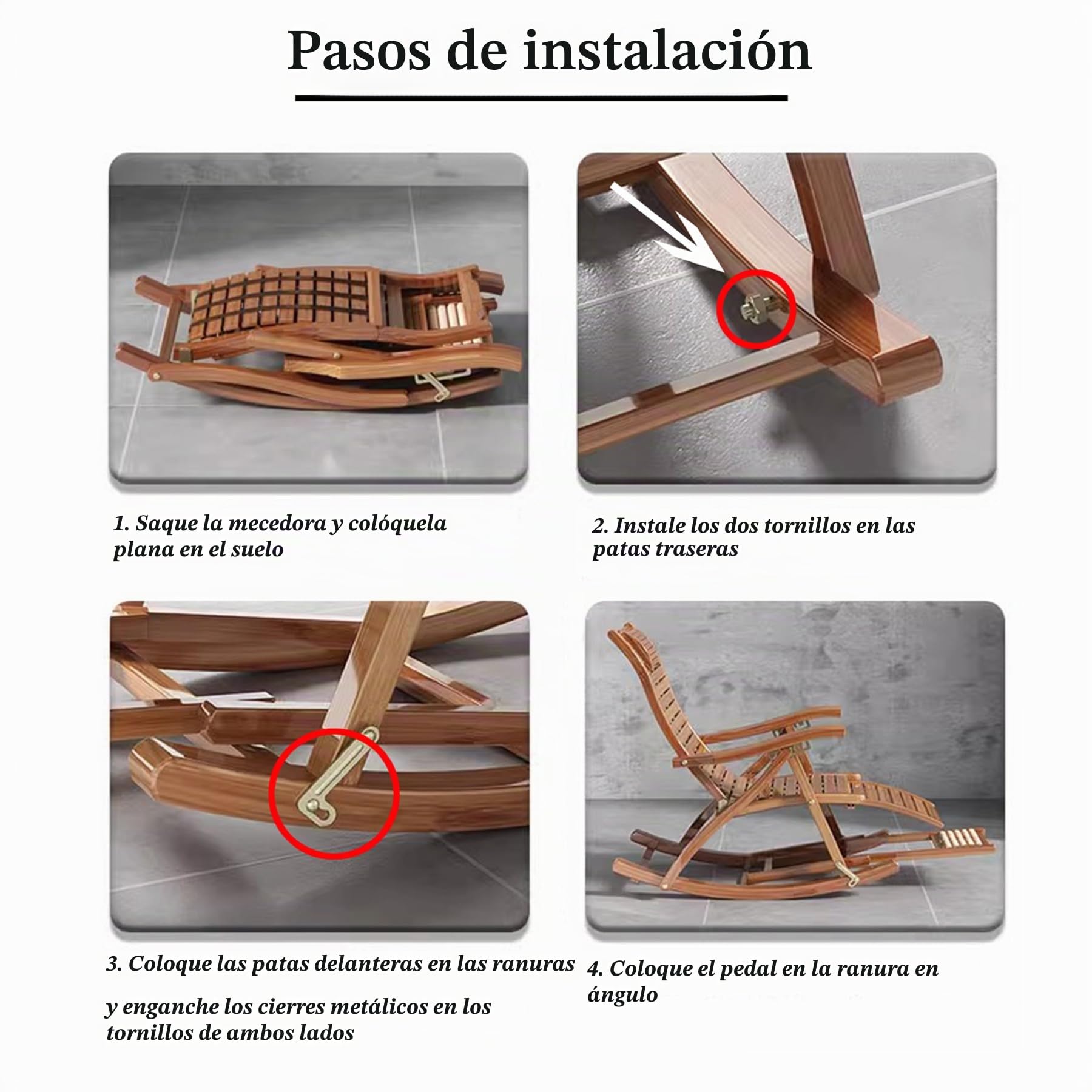 Tumbona de Madera Mecedora, Tumbona de Jardín Silla Reclinable Ajustable de 5 Posiciones con Reposapiés Extraíble, Sillón de Ocio al Aire Libre para Balcón Terraza, con Cojín