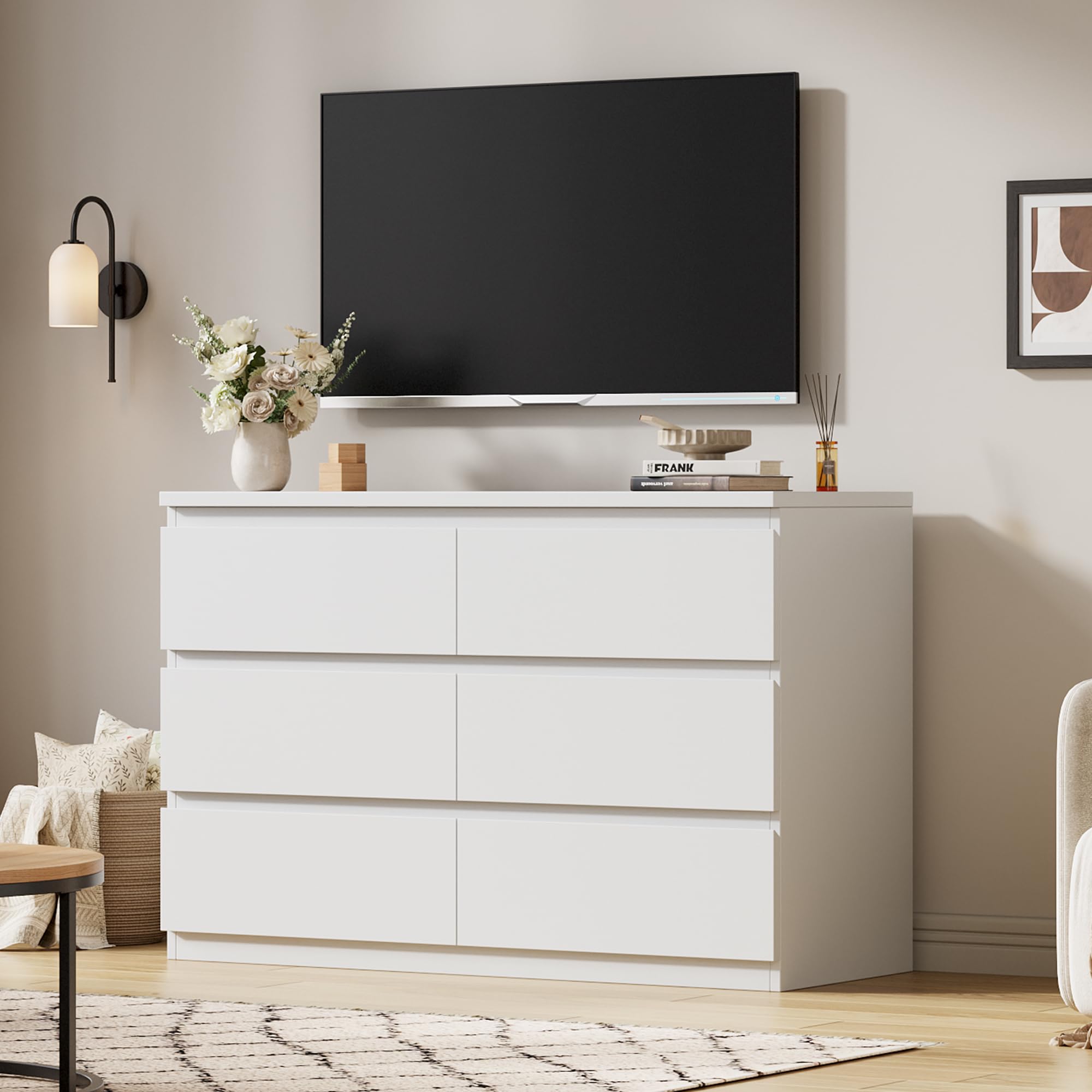 6 drawer double dresser for bedroom, modern simply chest of drawers, wood storage dresser with anti-tipping for living room hallway entryway, nursy white (15.3" d x 47.2" w x 32.3" h)