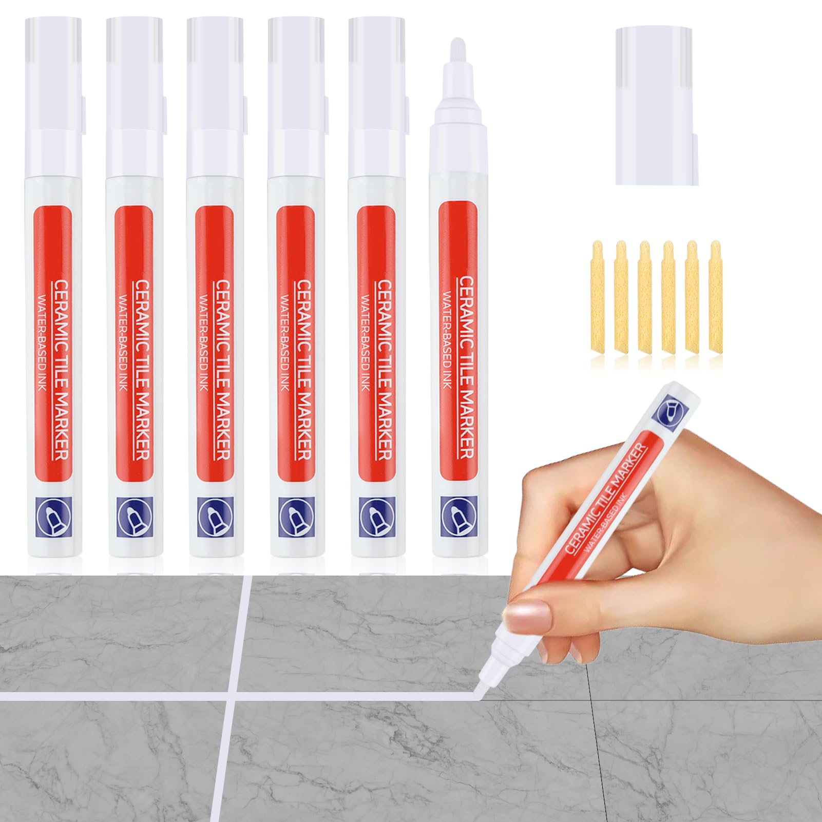Stylo Joint Carrelage Blanc Imperméable 6 Pièces avec Pointe de Rechange