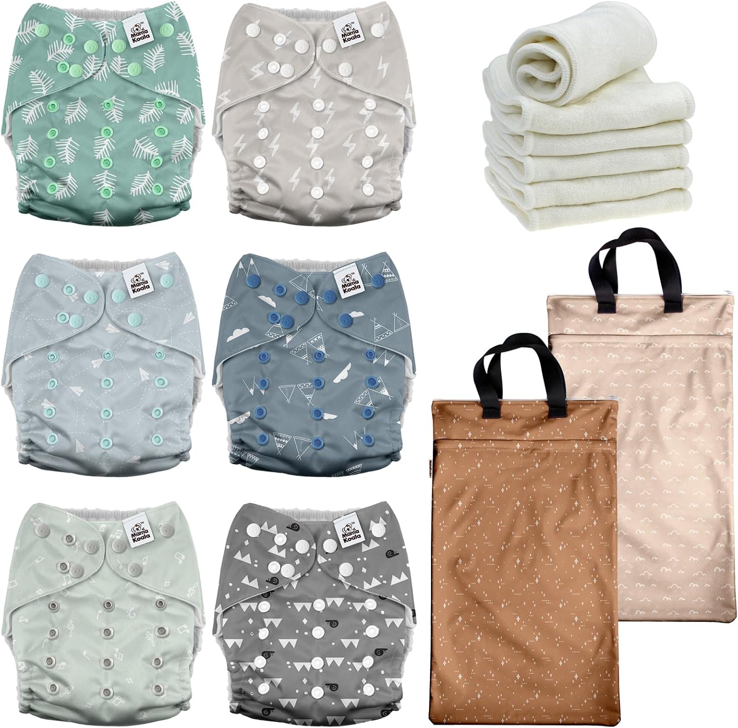 Mama Koala 3.0 Baby Cloth Diapers with 6 Inserts Bundle, with 2 Pack Reusable Hanging Wet Dry Bag