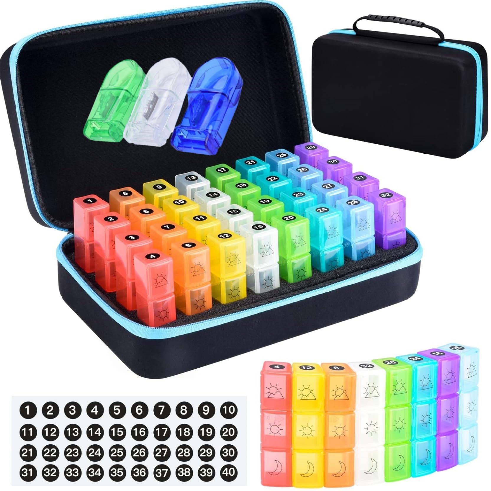 Pastillero mensual, 40 cajas organizador de pastillas 3 veces al día con bolsa de transporte, cortador y etiqueta, organizador de medicamentos mensual portátil a prueba de polvo para mujeres y hombre