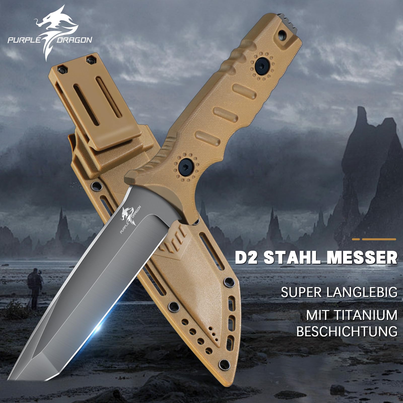 Purple Dragon Coltello da Esterno, Coltello da Sopravvivenza con Fodero in Kydex, Coltello con Lama Fissa in Acciaio D2 Forgiato in Unico Pezzo, Coltello Bushcraft Full Tang, Khaki