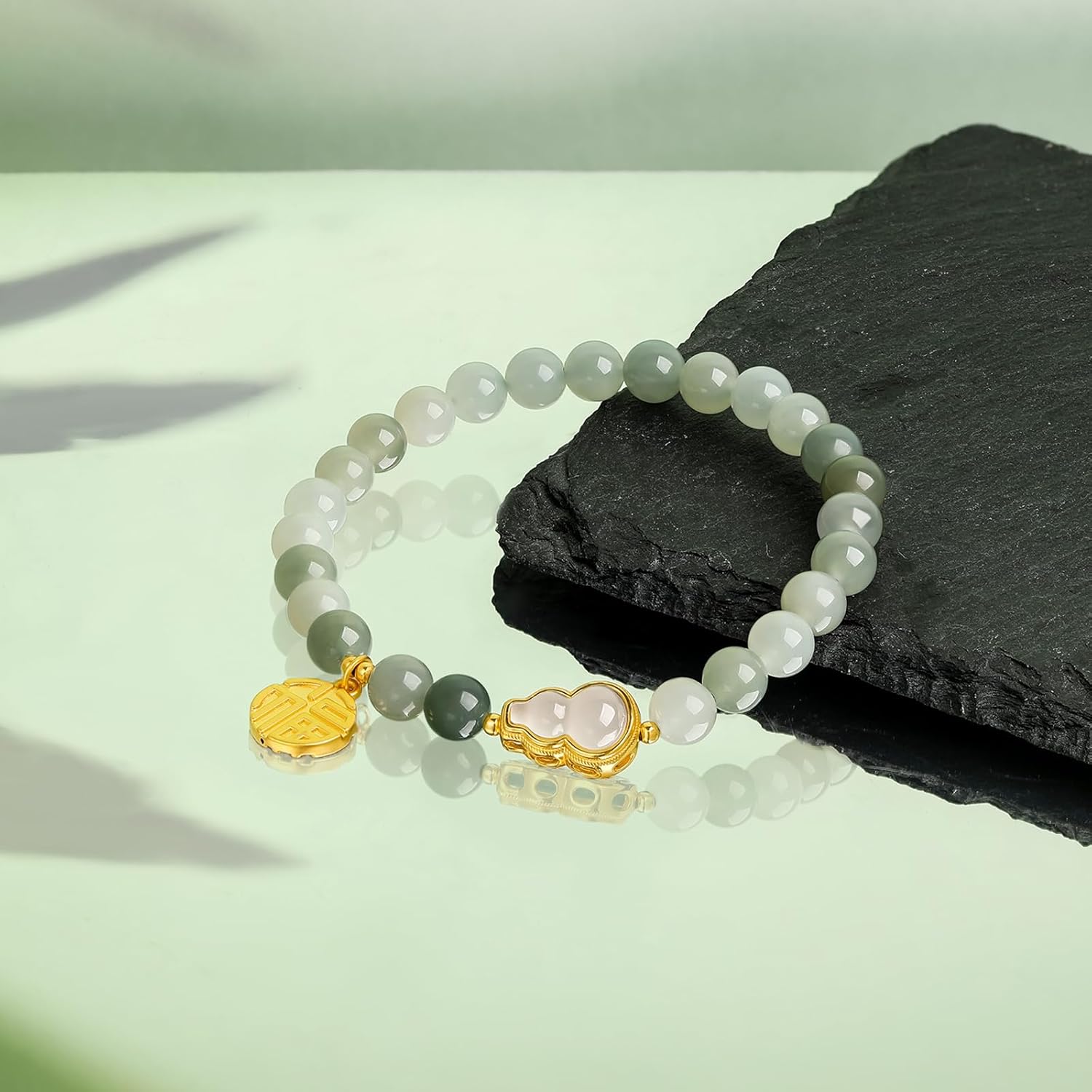 24K Gold Jade Bracelet Lucky Beaded Bracelets Feng Shui Jewelry Wealth Charm Stretch Chain Natural Crystal Bangle Healing Beads Protection Pendant Buddha Gourd Charms Good Luck Gifts for Women Men