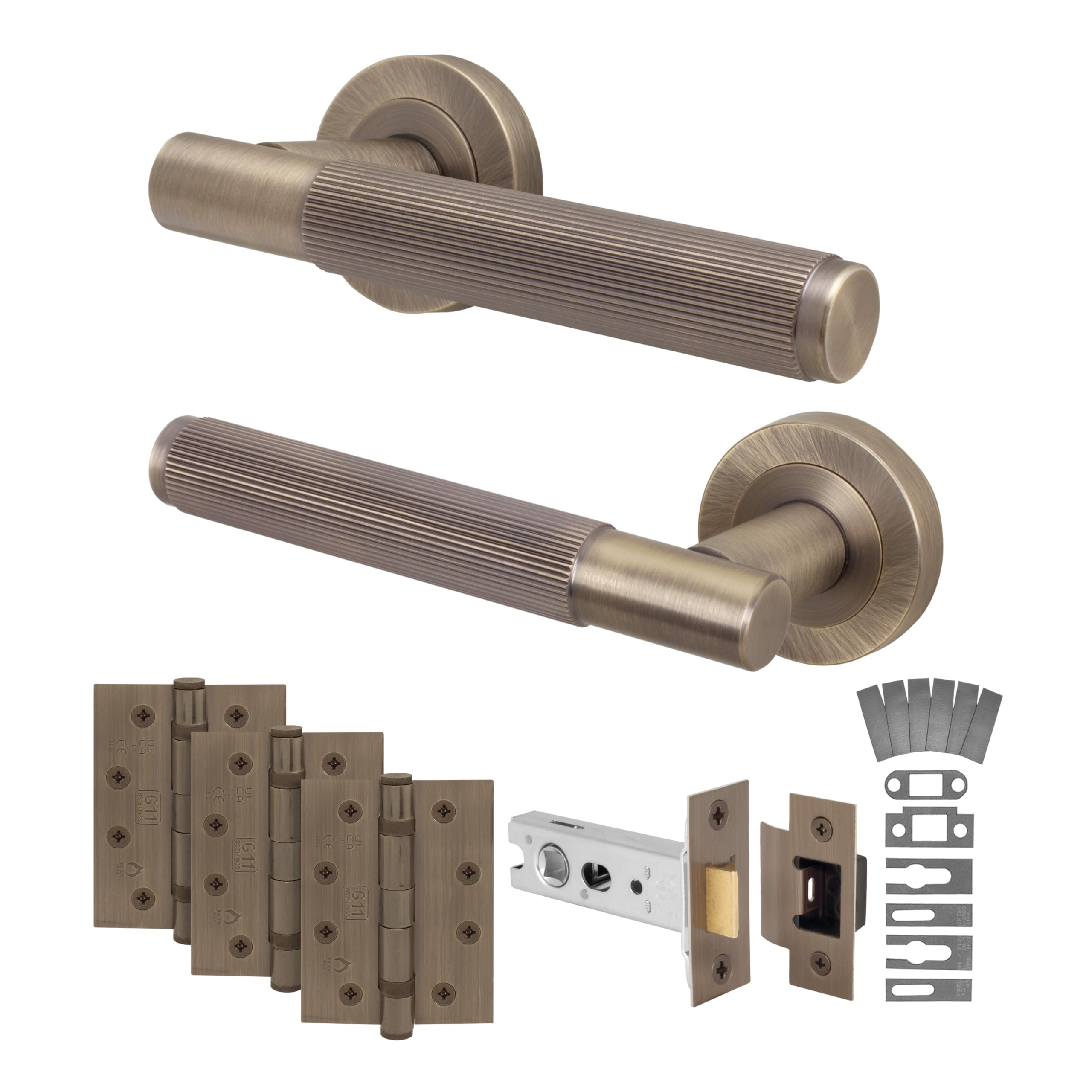EAI Antique Brass Fire Door Handle Latch Set, Internal Fire Rated Door Handle with 76mm Latch and 102mm Hinges, Oruro Range 1 Pack