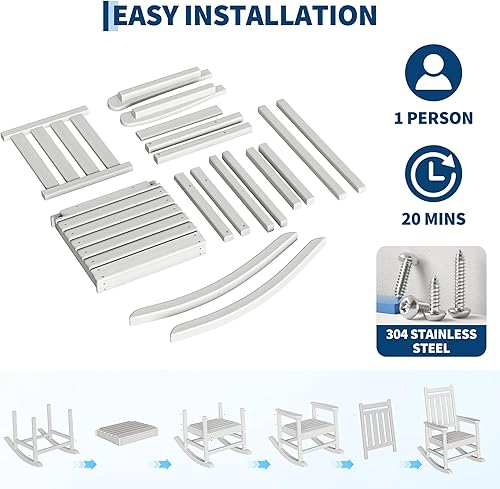 Miniatura 6 de Juego de 2 mecedoras de madera de polietileno para exteriores con mesa auxiliar, sillas mecedoras de porche de respaldo alto de polietileno de