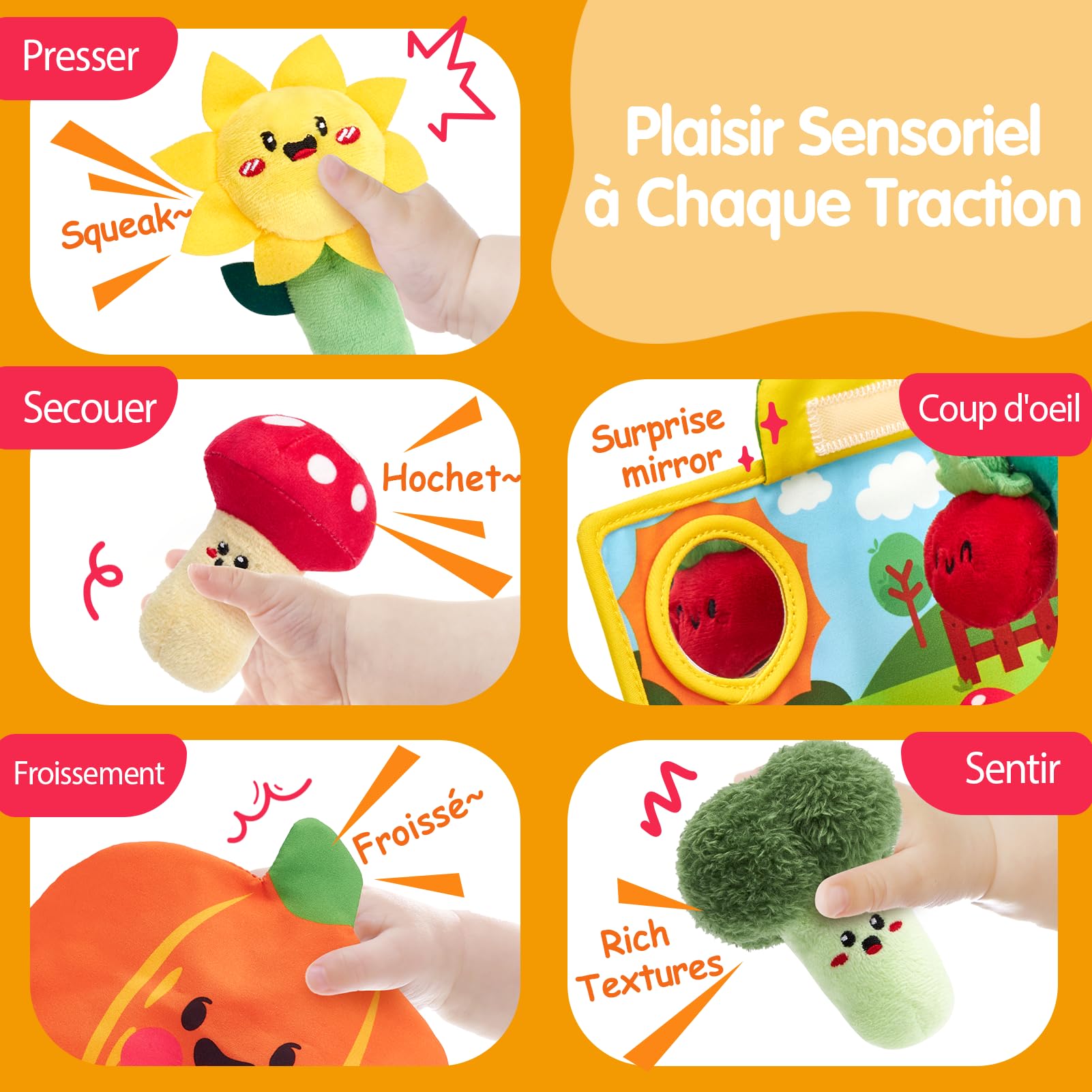hahaland Jouet Bebe 6-12 Mois - Peluche Fruits légumes Plante | Jeux Potager Bebe 6 Mois avec Carotte, Fleur, Hochets, Miroir et Tissus Froissés - Cadeau Enfant 1 an