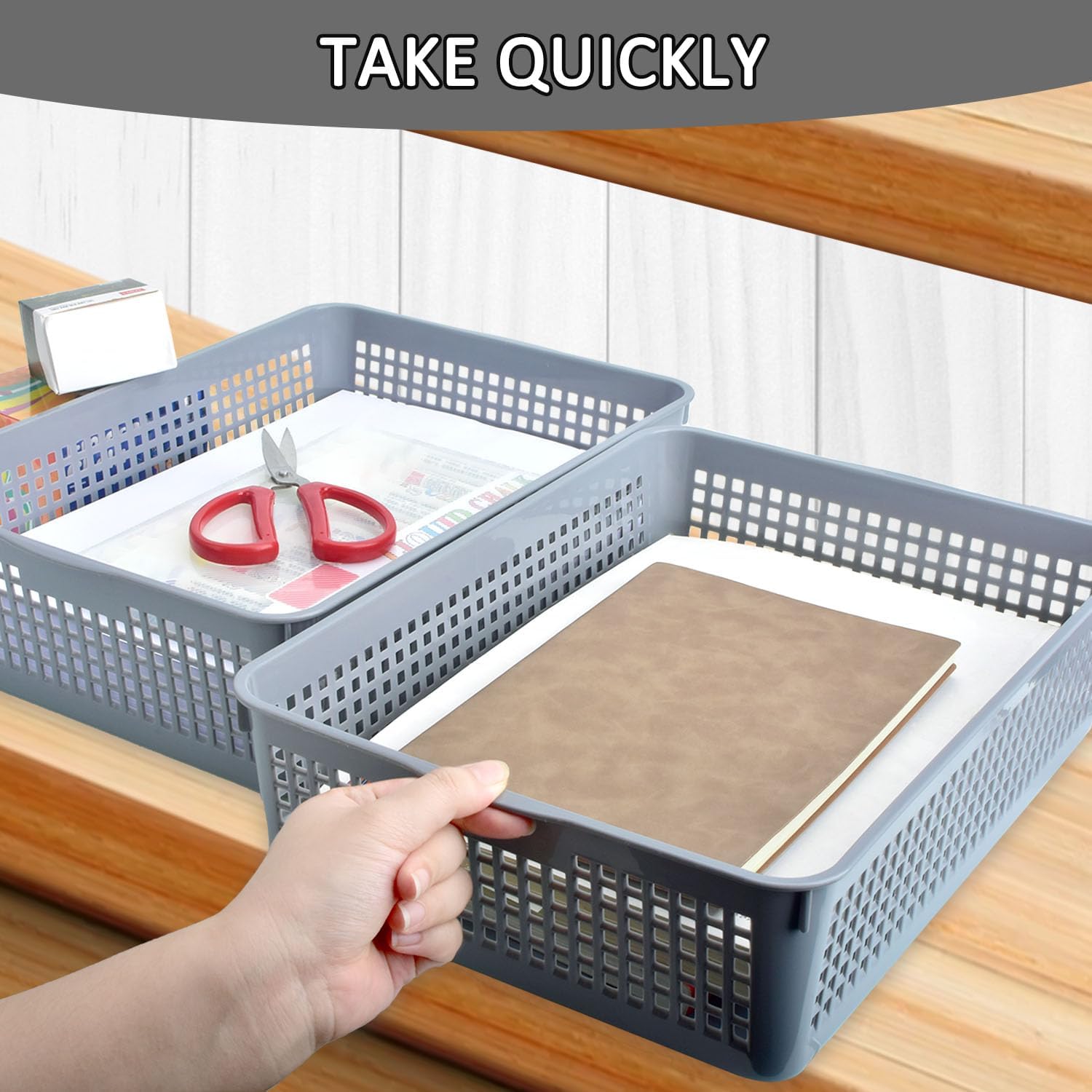 CONLI 6 PCS A4 Size Turn in Trays Classroom, Plastic Storage Basket Paper Tray Hold A4 Paper Toy Snack for Kitchen Shelves Bedrooms Office and Bathrooms (Gray)