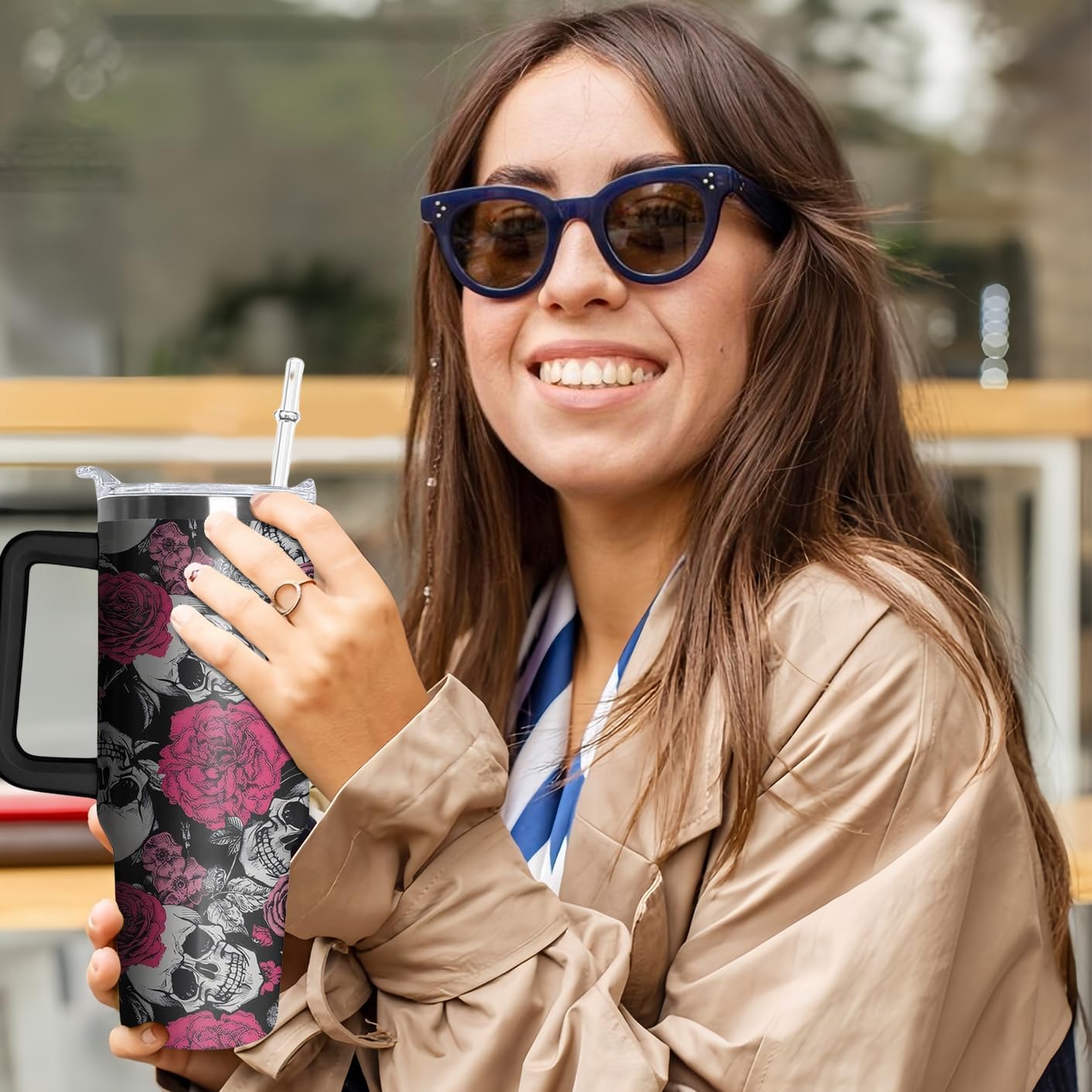 40oz Skull Tumbler with Handle and Straw, Skeleton Gothic Floral Stainless Steel Insulated Cup with Lid and Straw, Horror Travel Coffee Mug Water Bottle, Birthday Halloween Gifts for Women Men - Image 7