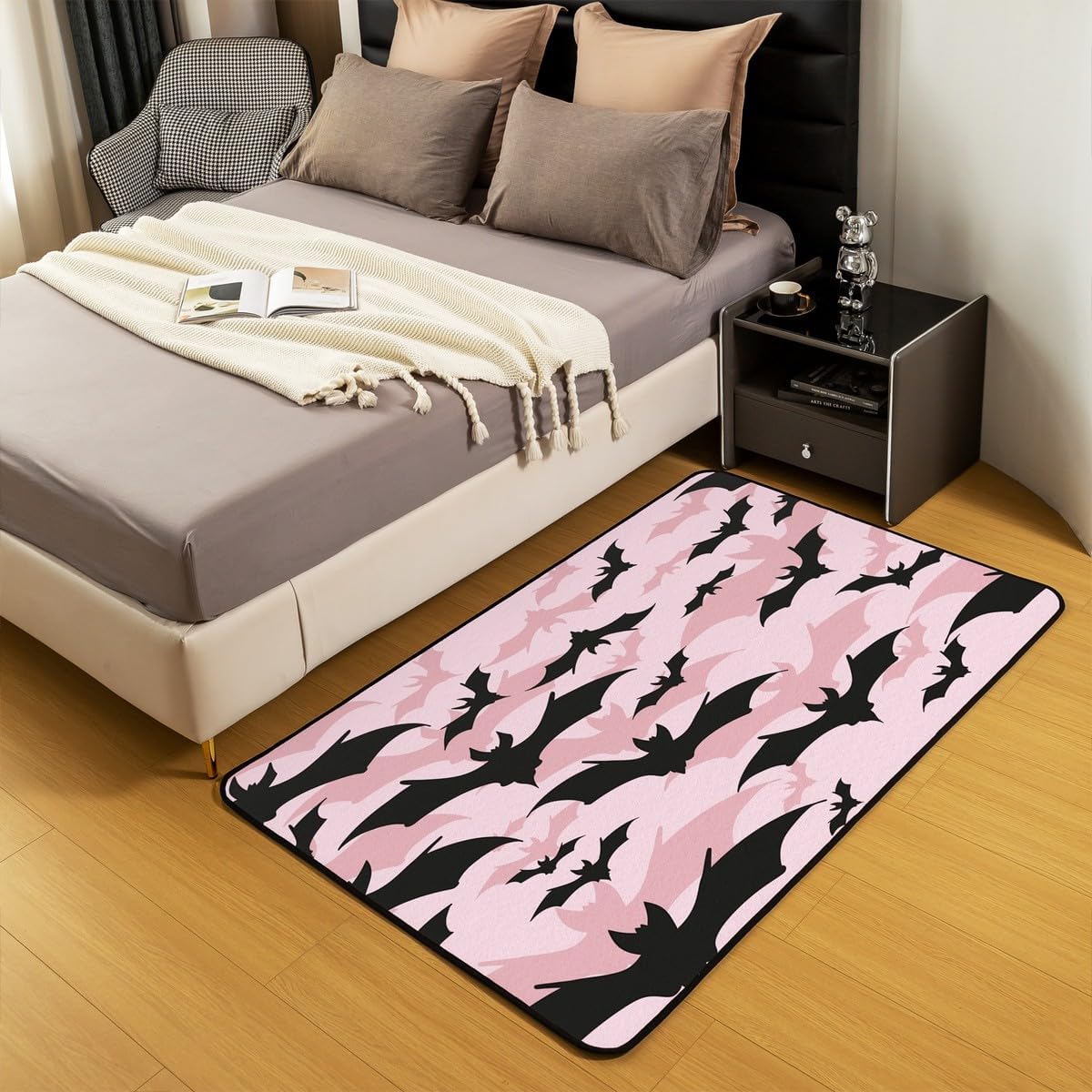 Feelyou Bat Area Rug 3x5 Kids Pink Bat Decorative Rug for Boys Girls Teens Pink Halloween Rugs for Living Room Bedroom Black Bat Animal Print Indoor Floor Mat