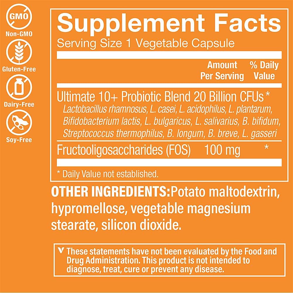 The Vitamin Shoppe Ultimate 10+ Probiotics 20 Billion CFU - 10 Probiotic Strains for Digestive Health, Immune & Gut Support (60 Vegetable Capsule)