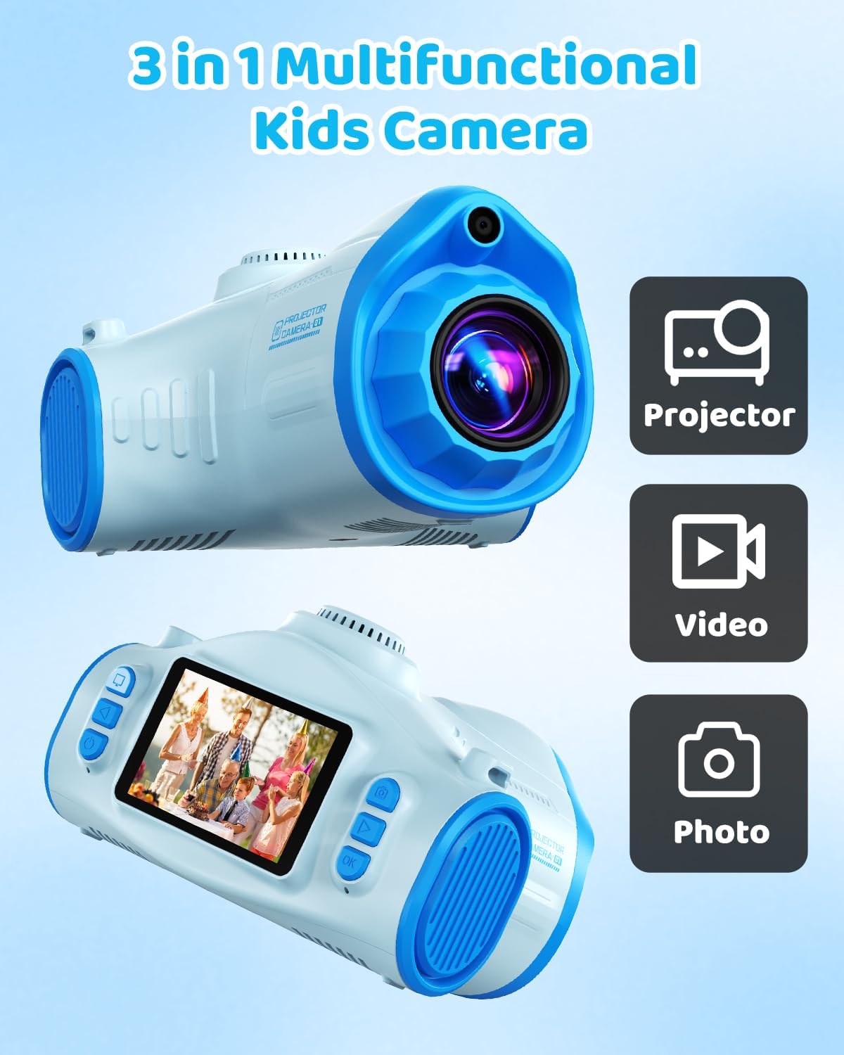 Kids Camera with Projector, 1080P Digital Video Camcorder, 48MP Photo Camera, Portable Toddler Camera Christmas Birthday Travel Gift Toy for Boys Girls Age 3 4 5 6 7 8 9 10 11 12, Blue