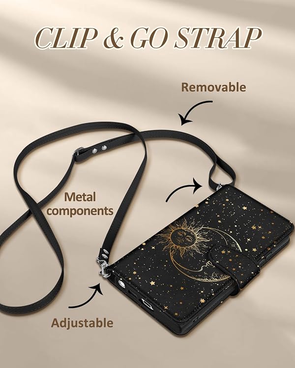 Buleens for Samsung Galaxy S23 Ultra Wallet Case for Women - with Card Holder S23 Ultra Flip Case Leather Crossbody Cute Aesthetic Galaxy S23 Ultra Case with Strap Kickstand for Girls, Black Sun Moon by Buleens - Used condition - Image 6