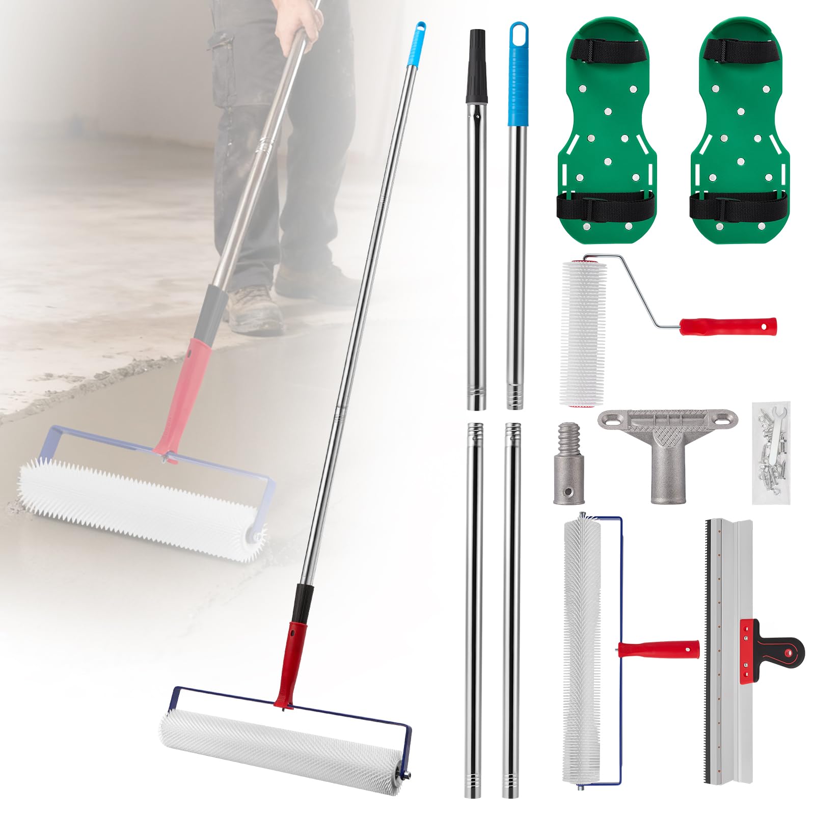 Bodenbeschichtung Set, Entlüftungswalze mit Abnehmbarem 2M Langem Verlängerungsgriff, Gezackter Rakel und Stachelschuhen, Großflächige Rakel Für DIY-Projekte Selbstnivellierende Böden