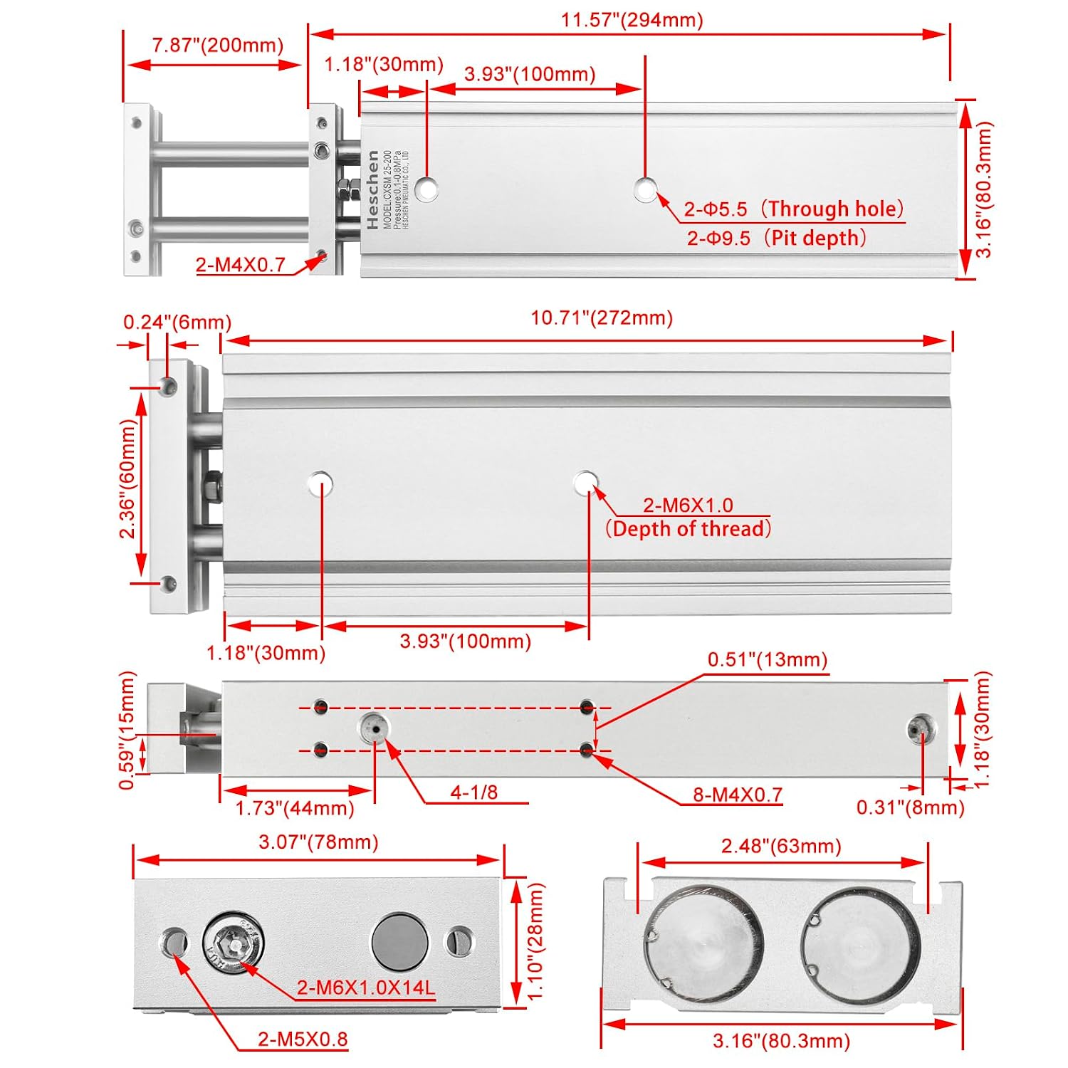 Heschen CXSM 25-200 Dual Rod Air Cylinder, 25mm Bore x 200mm Stroke, Guided Pneumatic Actuator with Magnet, Double Acting Slide Bearing, PT 1/8 Port, Industrial Automation Replacement