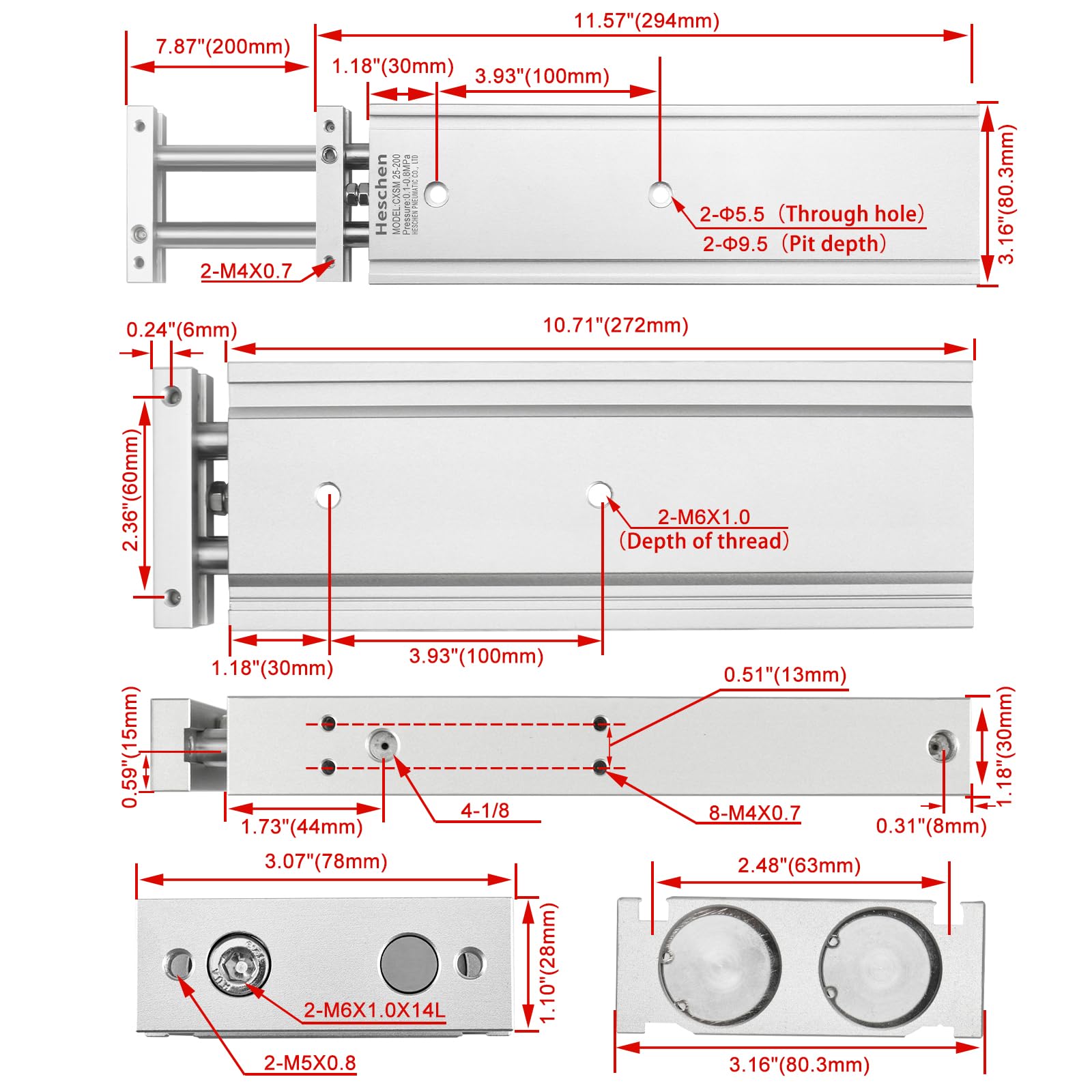Heschen Doppelter Aluminium-Luftzylinder, CXSM 25-200, Führungsstangen-Platte, Doppelstabgeführt, Pneumatisches Gleitlager, Gepolstert, 25mm Bohrung, 200mm Hub, Doppelt Wirkend