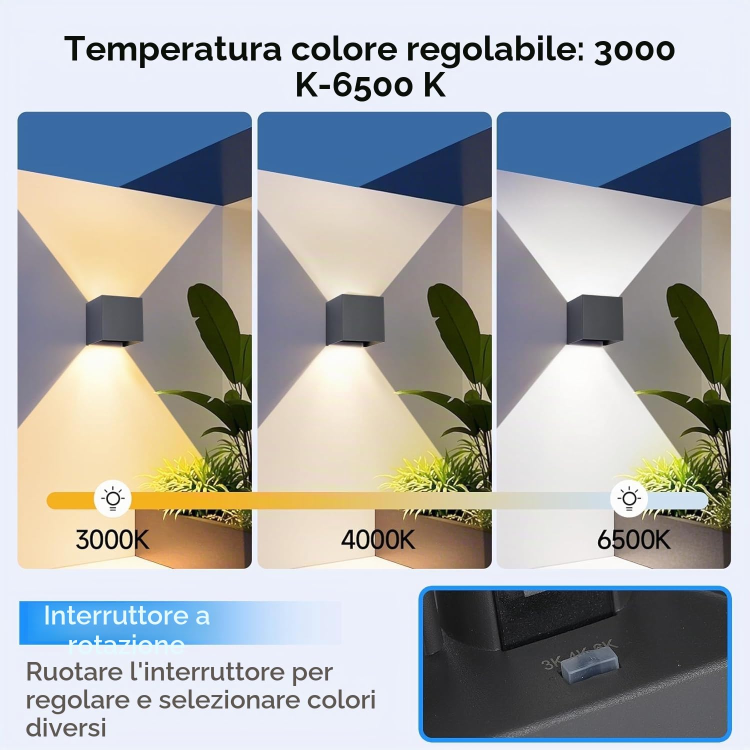 Applique da Parete Cubo 15W LED Nero 11cm | 4 pezzi, 3 colori regolabili, IP65 impermeabile, fascio luce 0-120°, interno ed esterno, design quadrato moderno