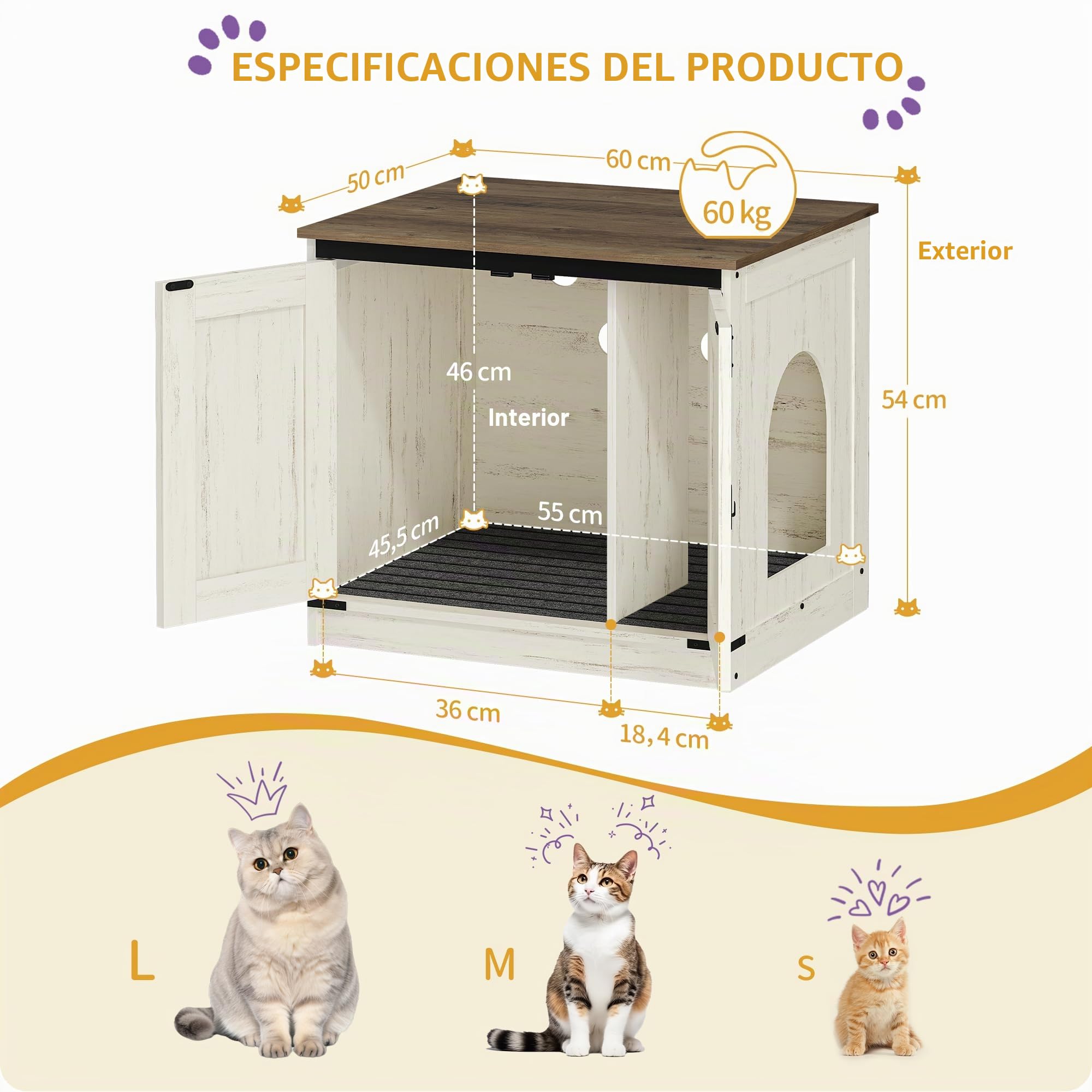Hzuaneri Mueble Arenero, Armario para Gatos con Separador Extraíble, Moderno Arenero Oculto, Casa para Gato, Casa de Baño para Mascota, 50 x 60 x 54 cm, Blanco Marrón CB84514X