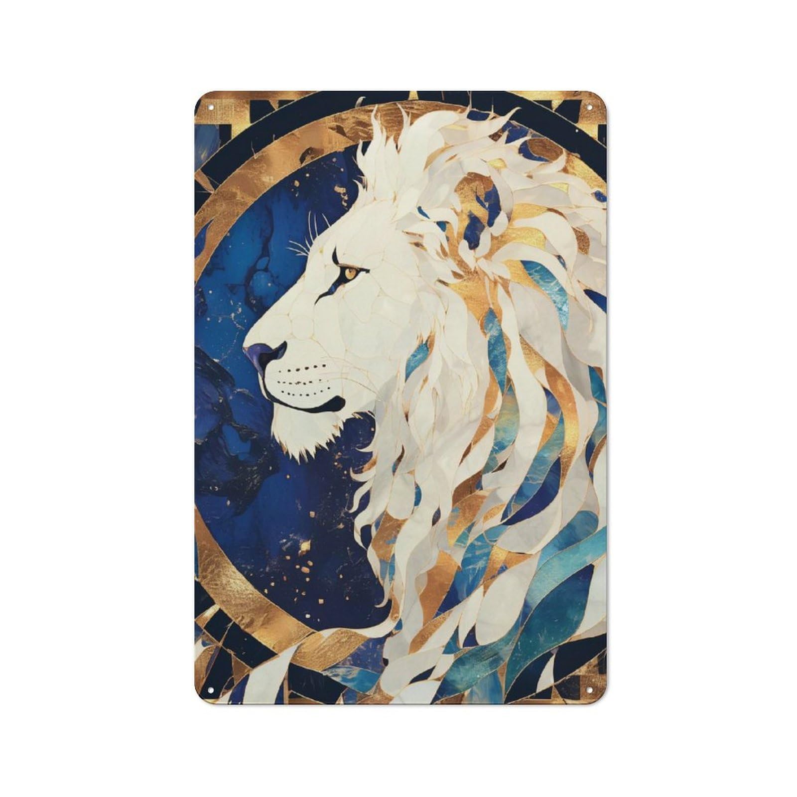 Junmoney Style Industrial Metal Sign With Lion Portrait In Blue And Gold Design 30X20cm, Modern Retro Loft Wall Plaque For Workspace, Cafe, Hallway Or Garage