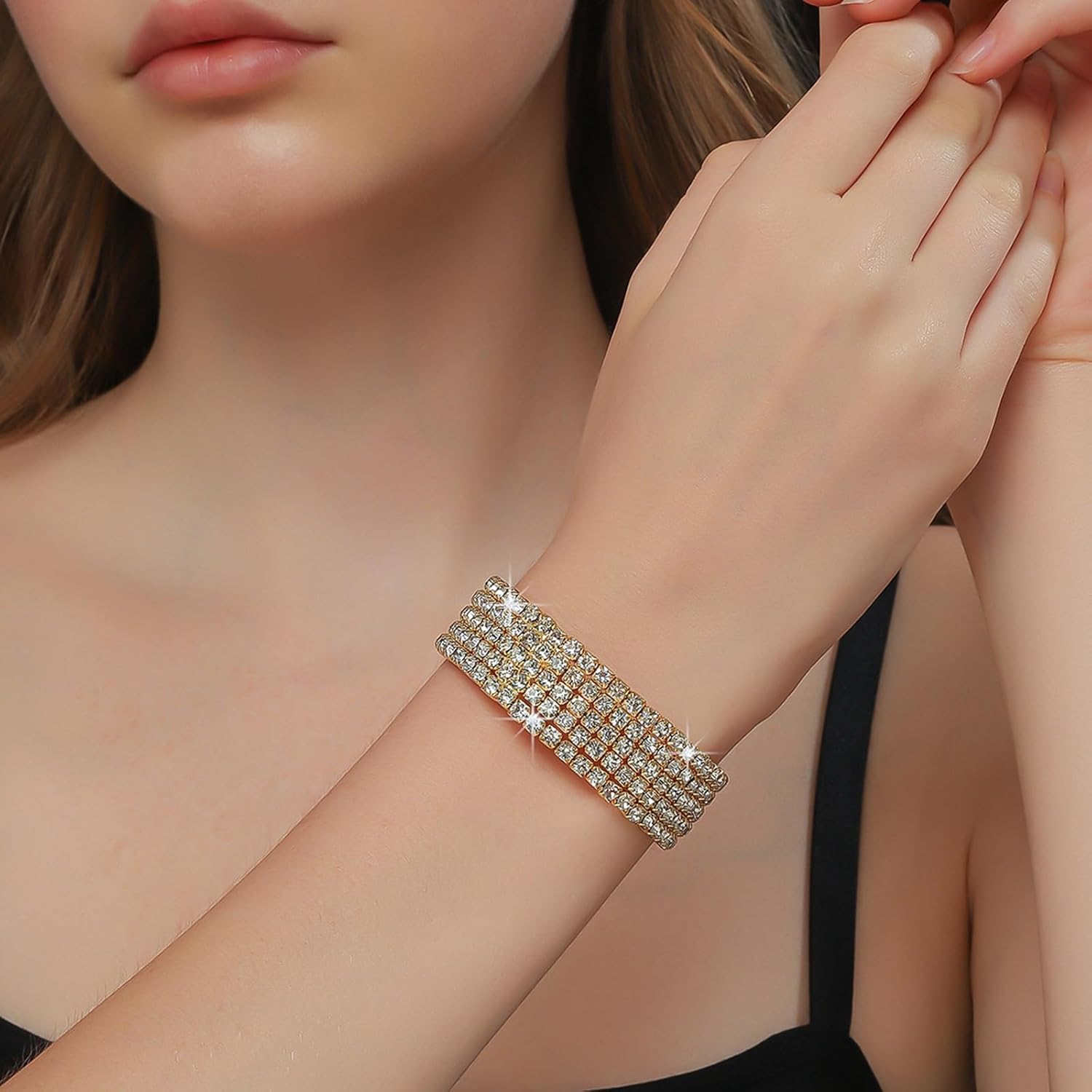 Gold Rhinestone Bracelet for Women;5-layer Sparkle Crystal Stretch Gold Tennis Bracelets for women;Gold Plated Rhinestone Stretch Bracelets Bridal Jewelry for Prom Party Wedding Dating - Image 2