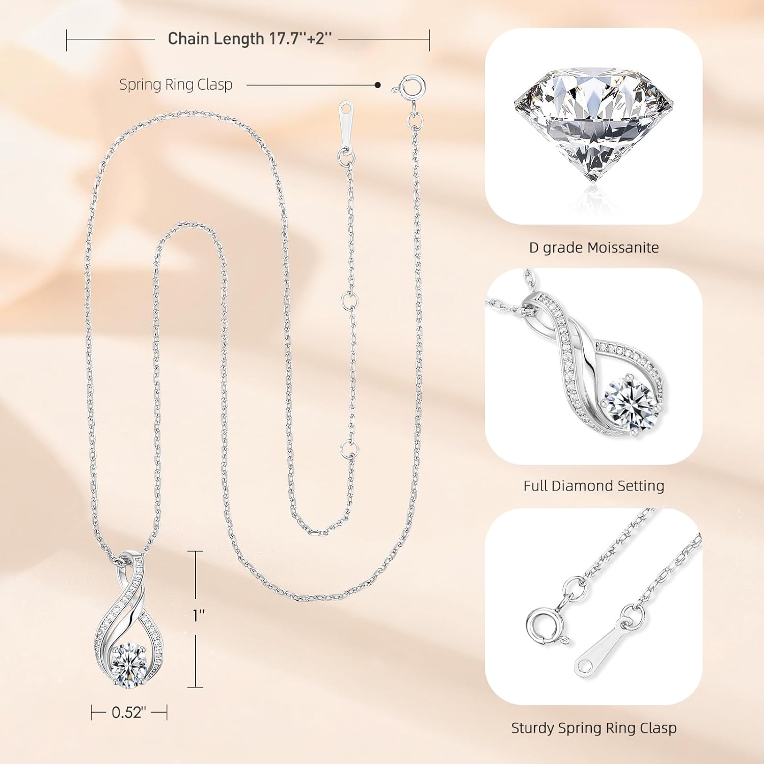 KRZ Moissanite Infinity Women Necklace, 925 Sterling Silver with White Gold Plated Christmas Valentines Mothers Day for Her, Anniversary Birthday Jewelry Gifts for Wife Girlfriend - Image 4