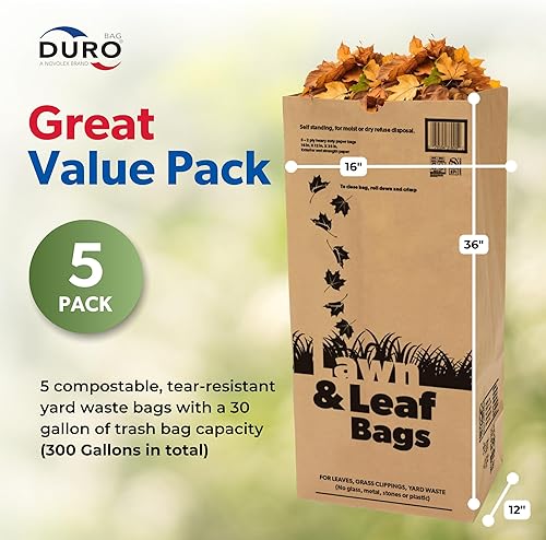 Miniatura 2 de Bolsas Duro 21089 2 bolsas para césped y hojas, 50 lb, 16 en largo x 12 en ancho x 35 en diámetro, papel, kraft, (Paquete de 5)
