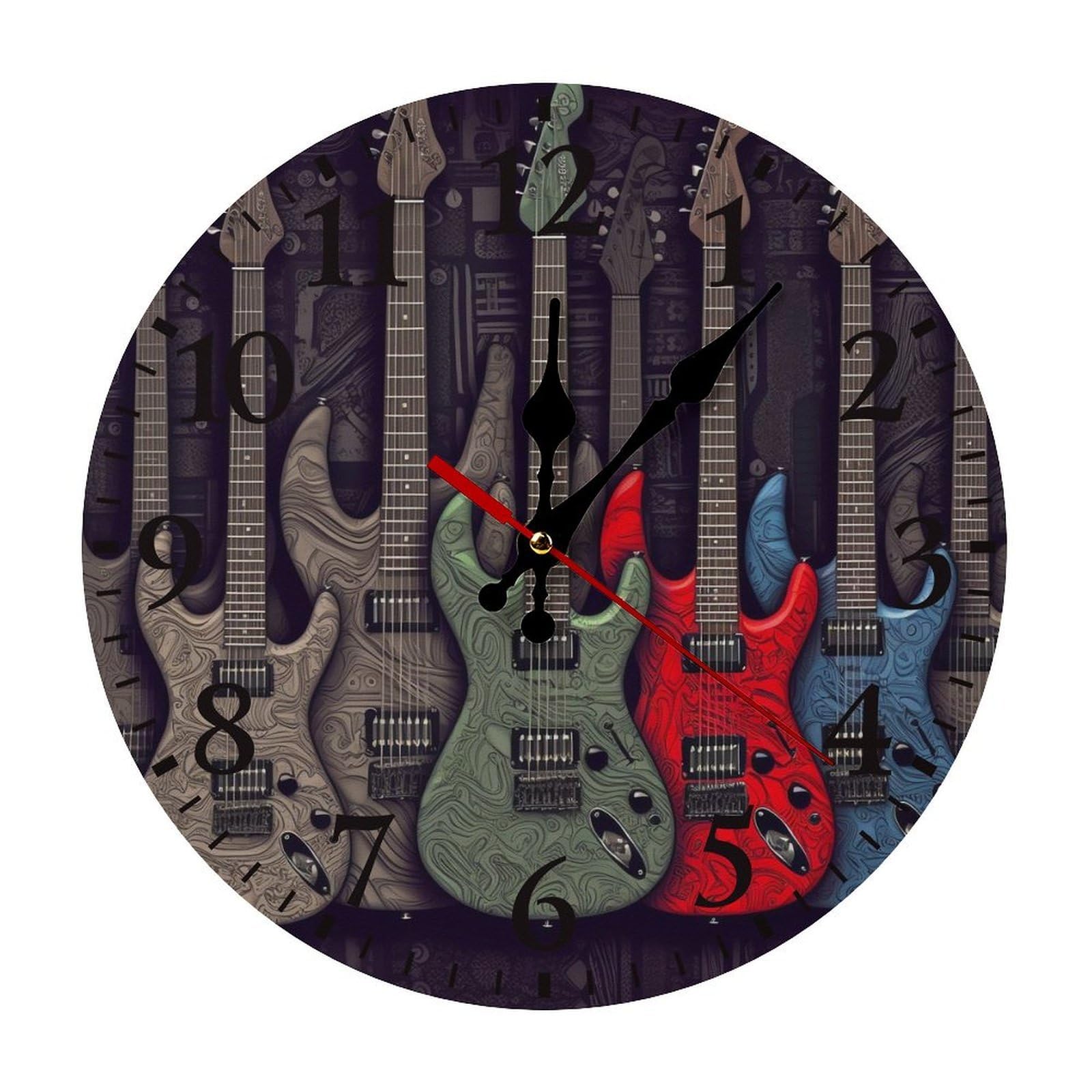 NTVOWPZO 10 Inch Wall Clock Guitar Pattern Battery Operated Wall Clocks Silent Non-Ticking Round Wall Clock for Living Room Kitchen Home Office Wall Decorative Clock