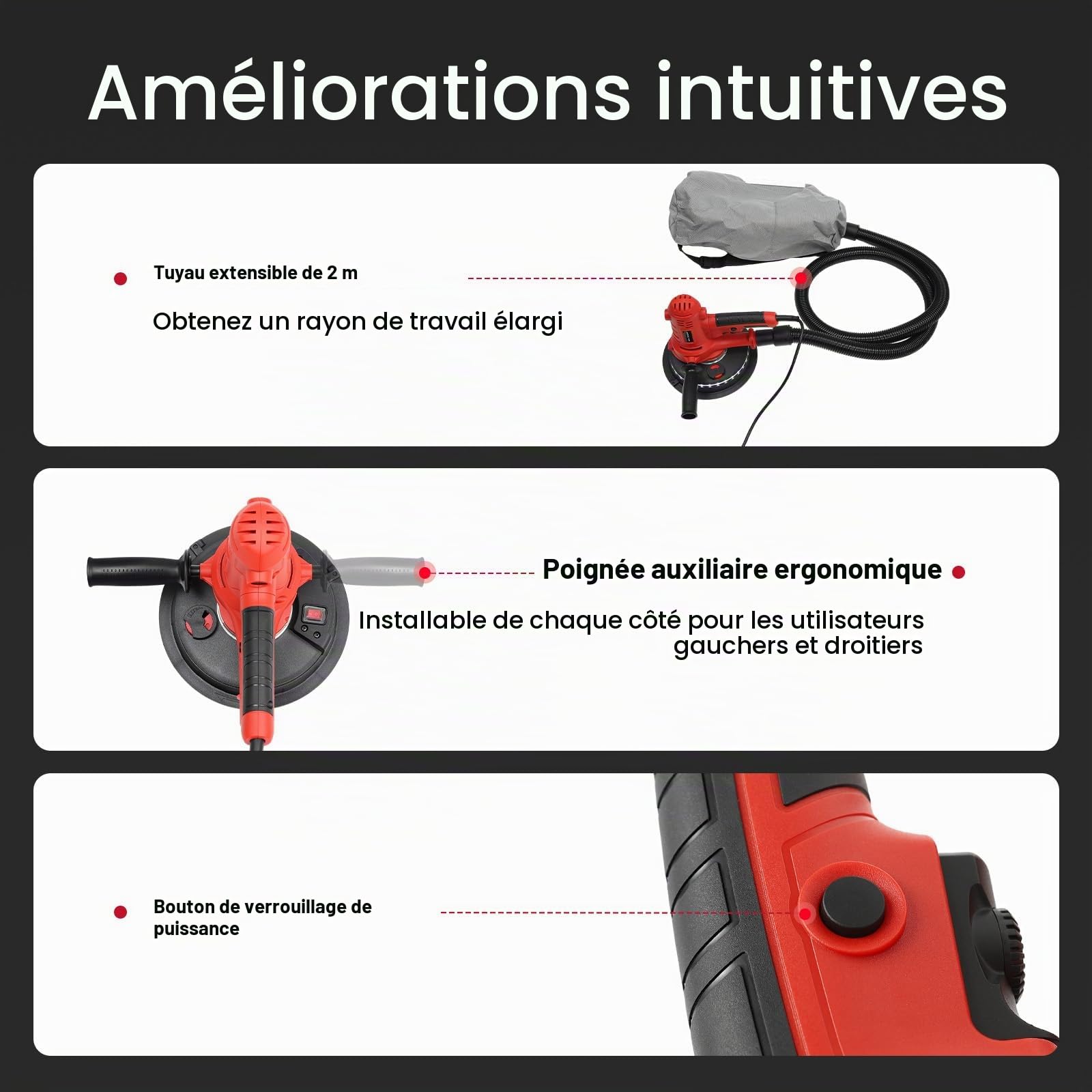 Ponceuse de construction sèche, ponceuse murale et plafond 1200 W avec éclairage LED, ponceuse murale pour murs en plâtre, murs en mastic, murs en ciment blanc