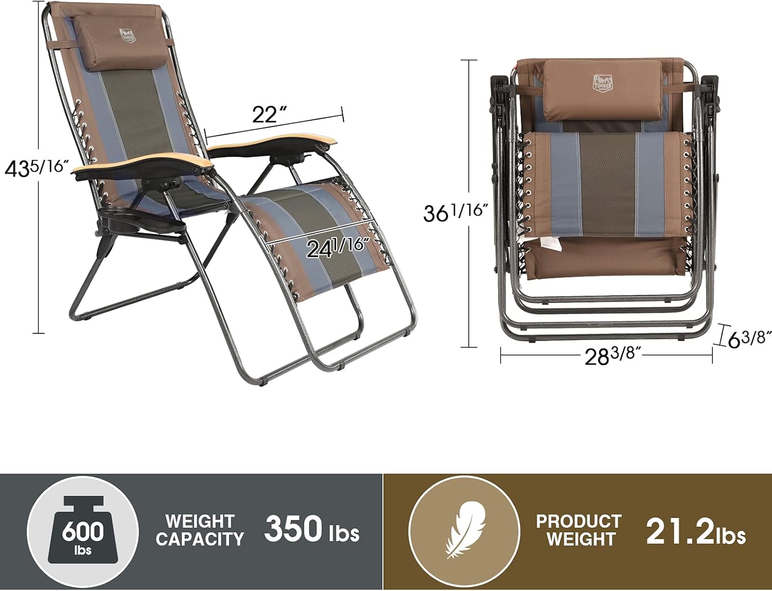 TIMBER RIDGE Oversized Zero Gravity Chair Folding Patio Lounge with Adjustable Headrest Cup Holder for Outdoor Garden Lawn-Support up to 350lbs(Brown) : Garden & Outdoor