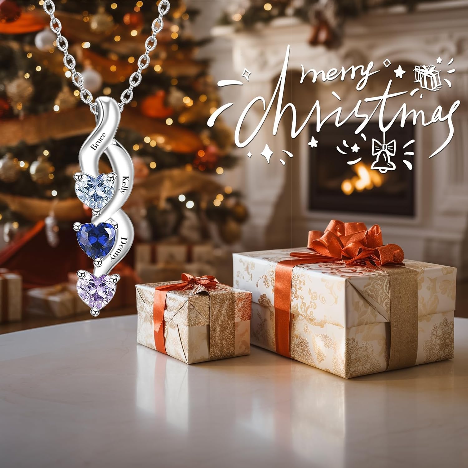 ORFAN Personalized Sterling Silver Mothers Name Necklace with 1-6 Simulated Birthstones Custom Heart Pendant Necklace Personalized Mom Necklace for Christmas