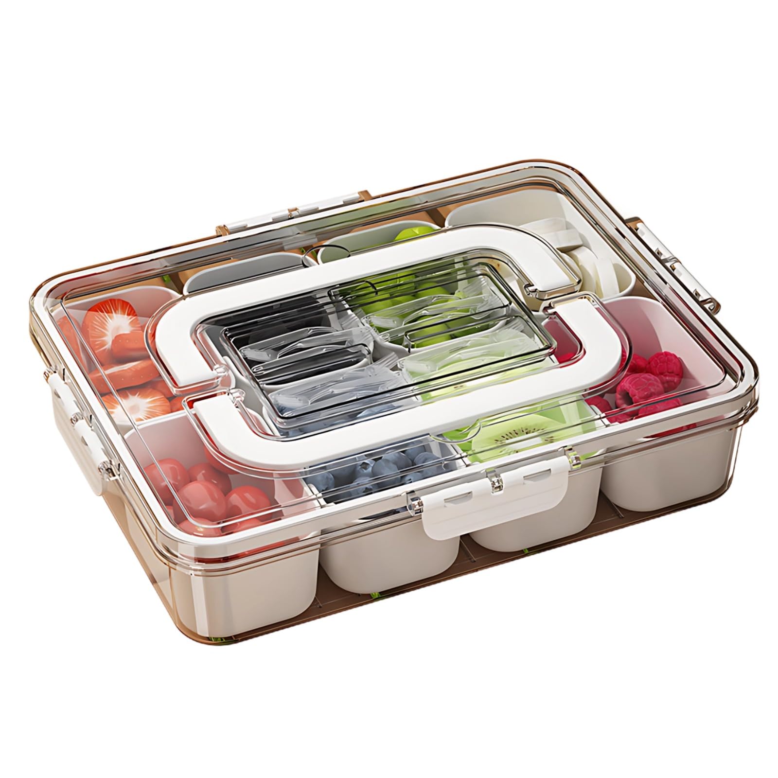 Snackbox aus Kunststoff mit 8 Fächern, große Snackle Box 31 x 23,5 cm mit Deckel und Griff, tragbare Aufbewahrungsbox für Küche, Kühlschrank und Partys