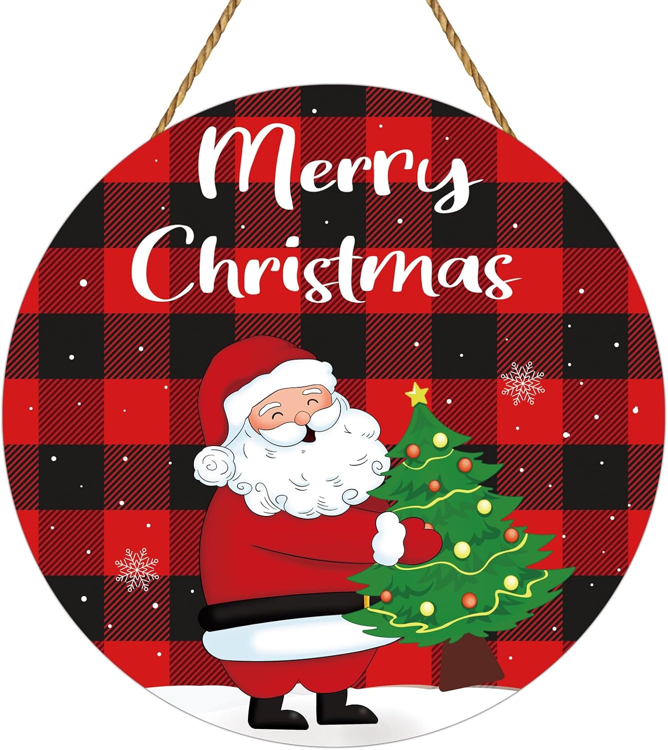 Christmas Door Decorations Merry Christmas Sign Buffalo Plaid Wall Decorations Cute Santa Claus Decor Wreath Wooden Front Door Hanger Santa Claus Tree Hanging Sign for Wall Indoor Home Decor