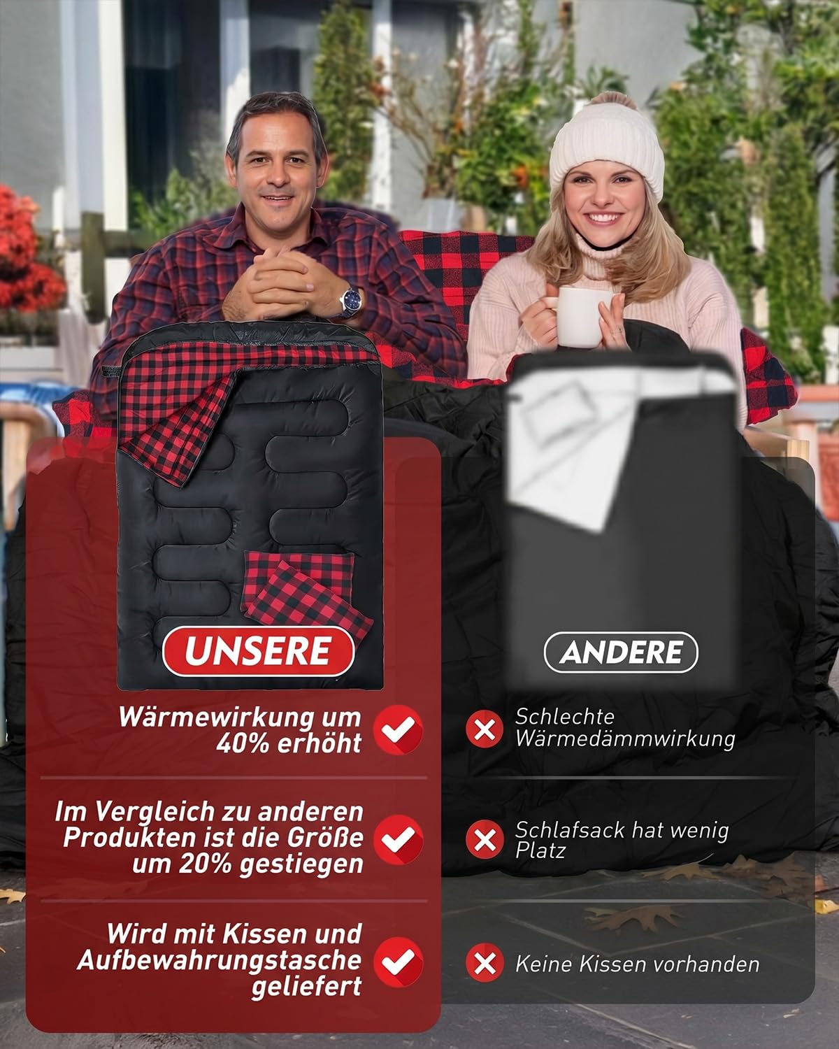 Gigoteuse double en flanelle pour 2 personnes - 220 x 160 cm - Double fermeture éclair améliorée - Avec 2 oreillers et sac de transport - Sac de couchage pour adulte - Pour la famille