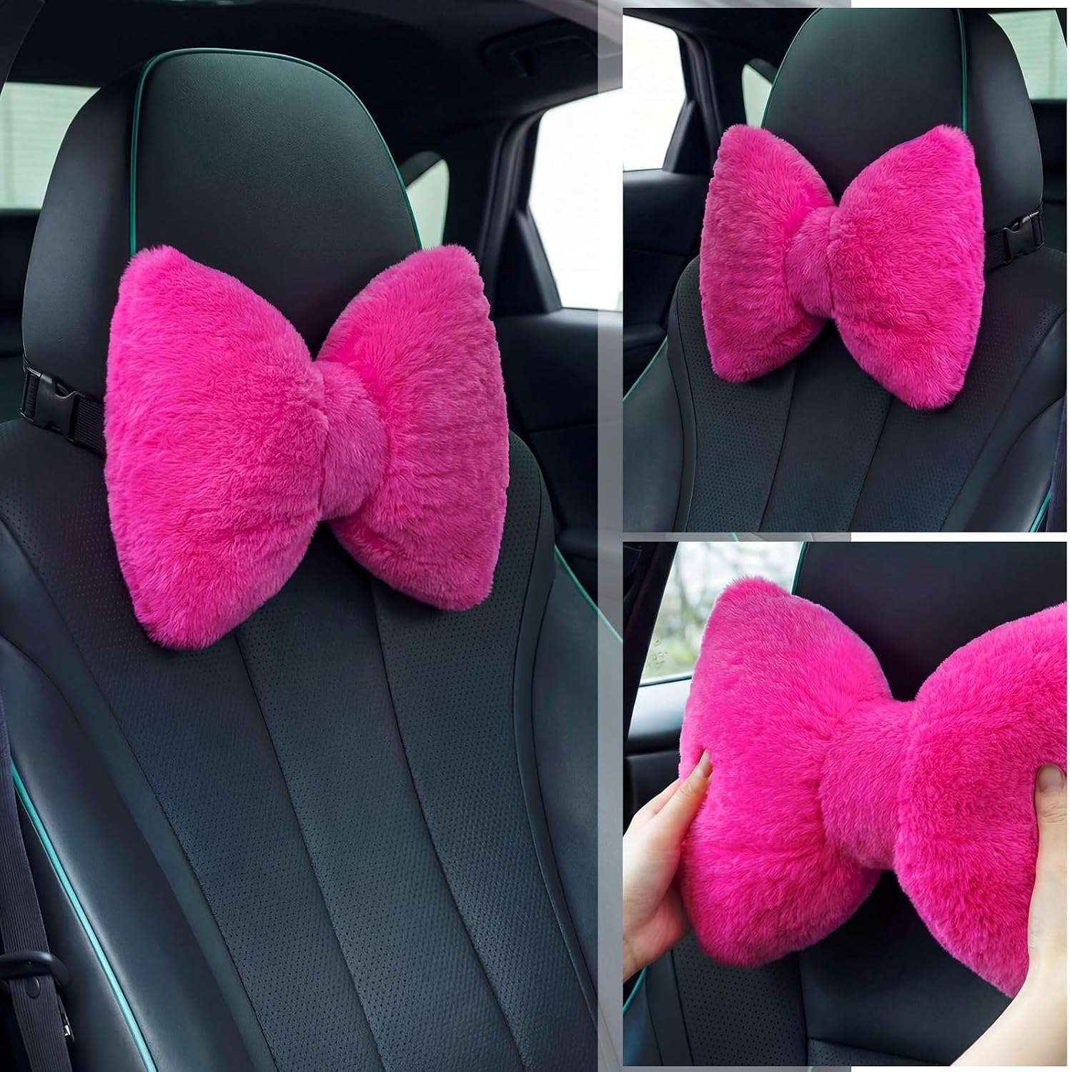 Macarrie 2 Pcs Rose Red Car Neck Pillow Velvet Bow Headrest Pillow Soft Comfortable Seat Neck Support Cute Bow Car Accessories for Driving Travel Driver Chair Girl Style Interior Decor(Solid)