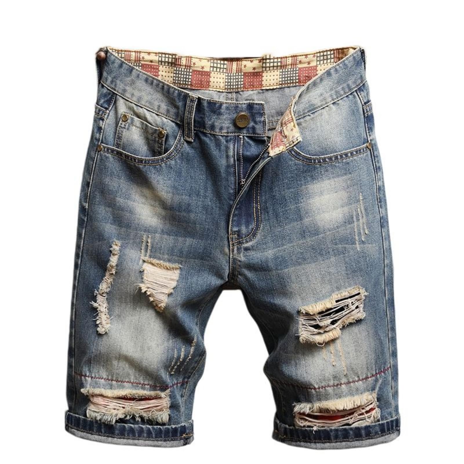 Pantalones cortos de mezclilla ligeros para hombre, aspecto desgastado, corte recto, cintura media, elásticos, pantalones cortos para el tiempo libre