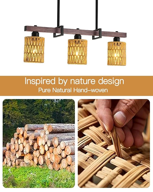 3-Light Kitchen Island Light Fixture, Linear Chandelier for Dining Room, Rustic Pendant Light Over Table, Handmade Woven Farmhouse Wicker Chandelier, Dark Wood Finish for Kitchen Island by Rjieoc - Used condition - Image 3