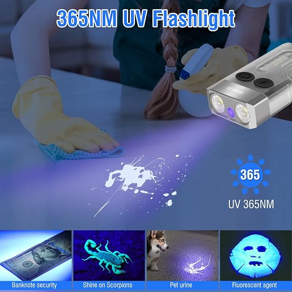 BORUIT V10 Small Powerful Flashlight with 365nm UV Black Light - Super Bright, USB C Rechargeable Led Keychain Flash Light with Cob Side Light, Magnet