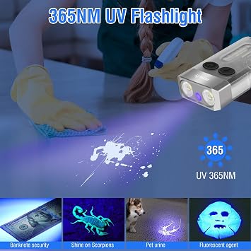 BORUIT V10 Small Powerful Flashlight with 365nm UV Black Light - Super Bright, USB C Rechargeable Led Keychain Flash Light with Cob Side Light, Magnet
