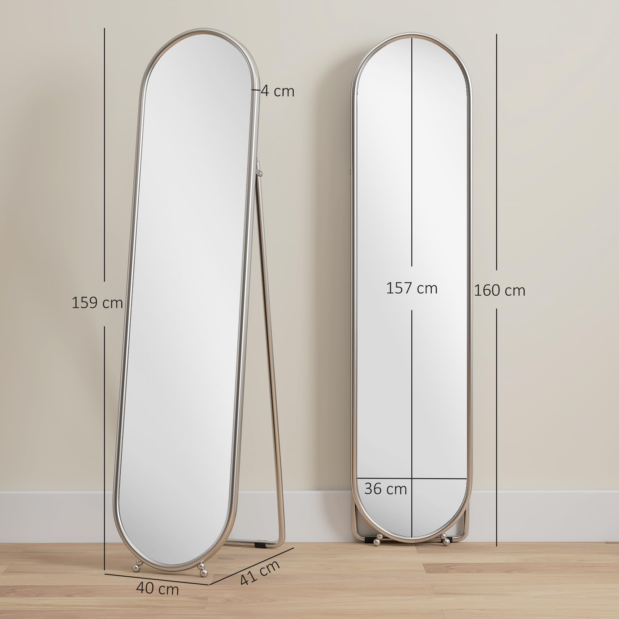 HOMCOM Specchio da Terra Ovale Moderno, 40x160 cm Specchio Autoportante a Figura Intera Antiscoppio con Cornice in Metallo e Supporto, per Camera da Letto, Soggiorno e Ingresso, Argento