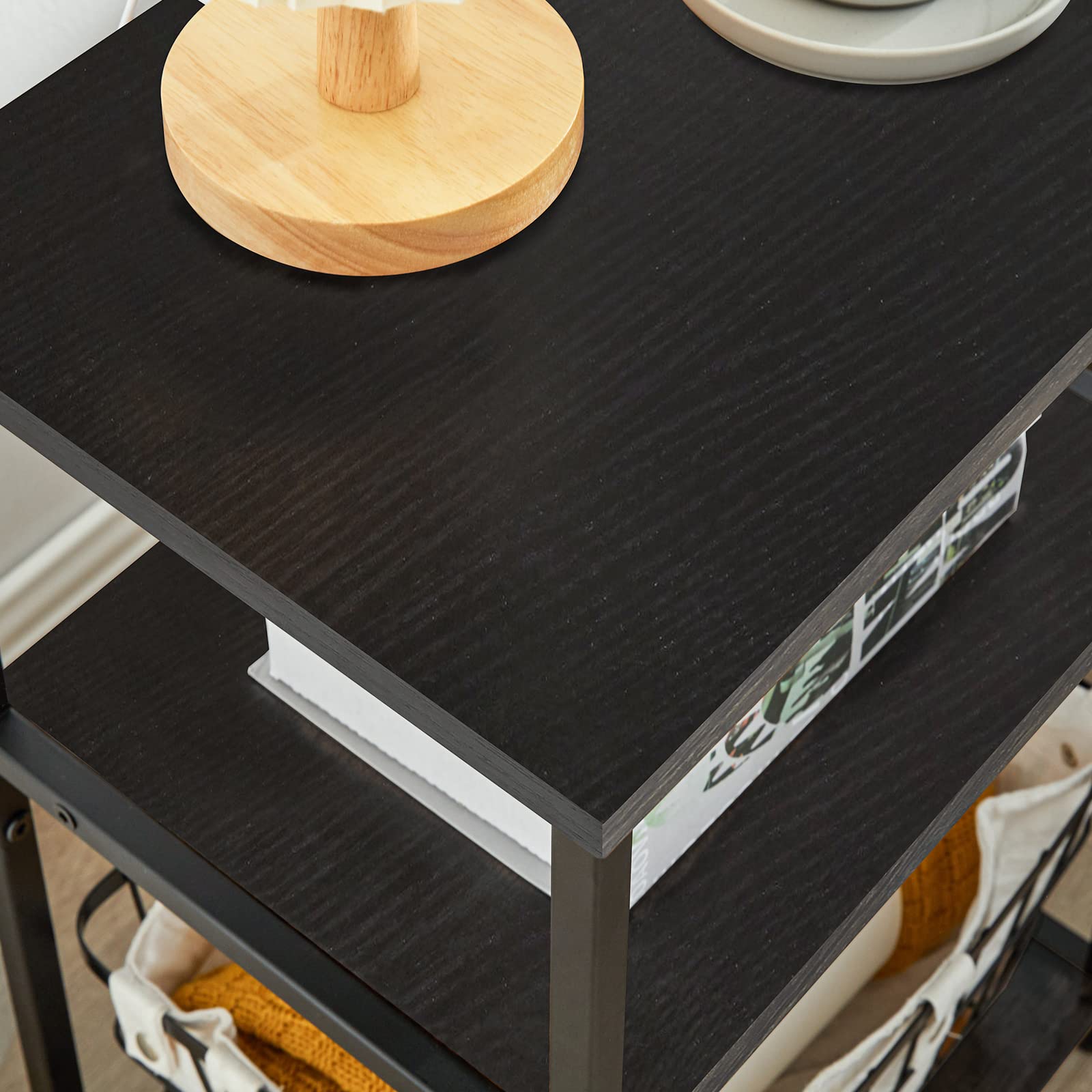 IBUYKE Tavolino, Comodino in Stile Industriale, Ripiani Portaoggetti a 3 Livelli, Struttura Resistente in Acciaio, per Corridoio, Divano, Soggiorno, Camera da Letto, Nero, TMJ402B