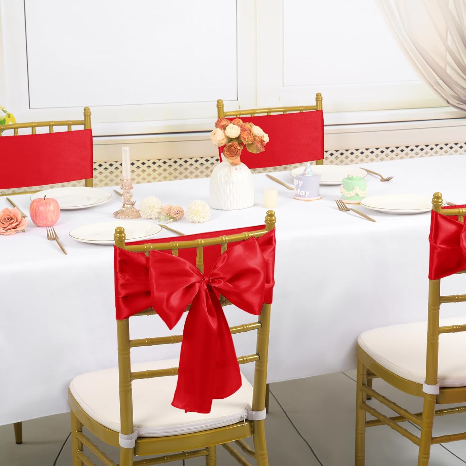 Teruntrue 60 PCS Red Satin Chair Sashes Ties,Bows Universal Chair Cover,Sashes Chair Sashes for Wedding Reception,Banquets Party, Hotel Event, Chairs Decoration(7 x 78 inch)