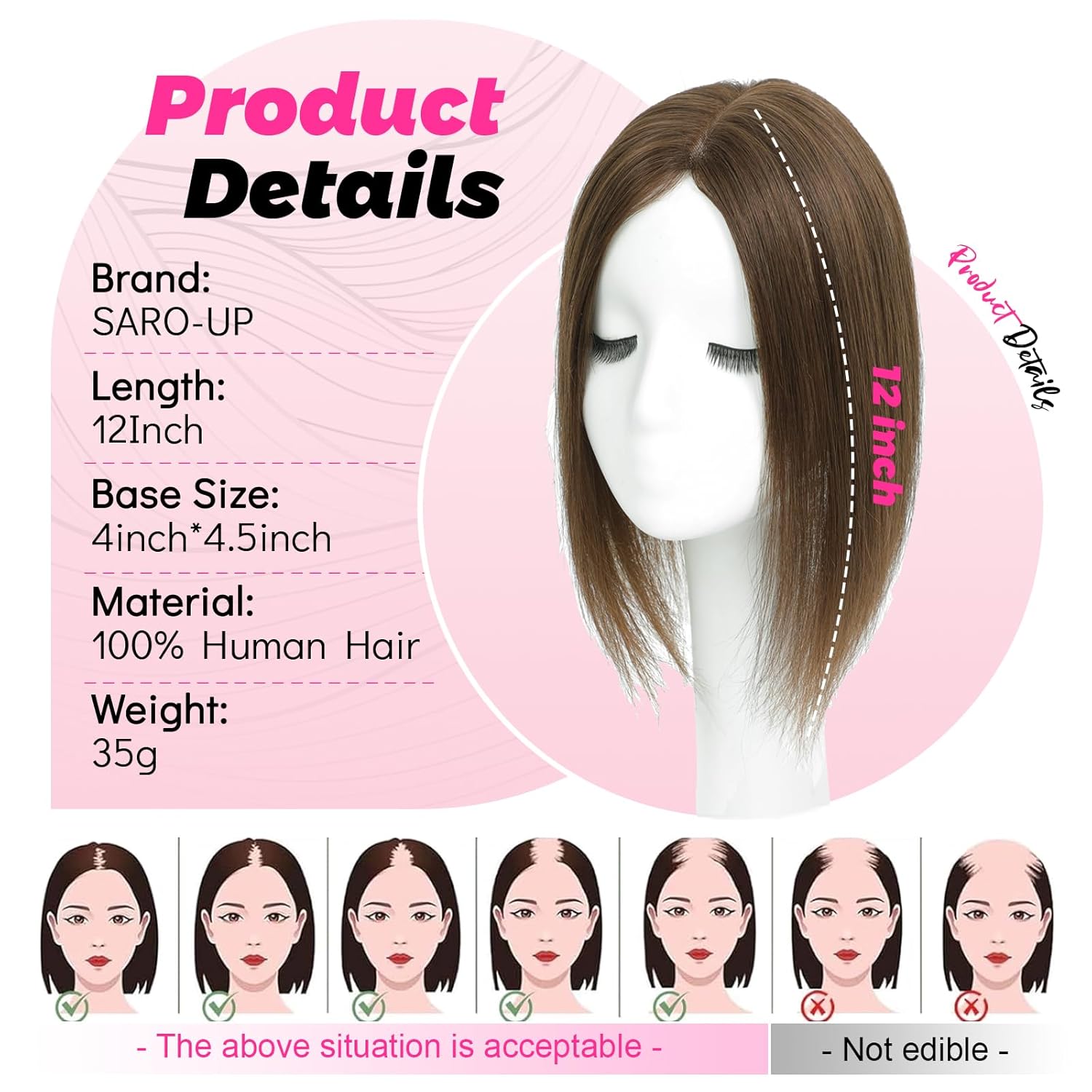 SARO-UP Hair Toppers for Women Real Human Hair Toppers for Women with Thinning Hair 4x4.5 inch Larger Mono Base 150% Density HairPieces Add Volume 12Inch(Medium Brown)