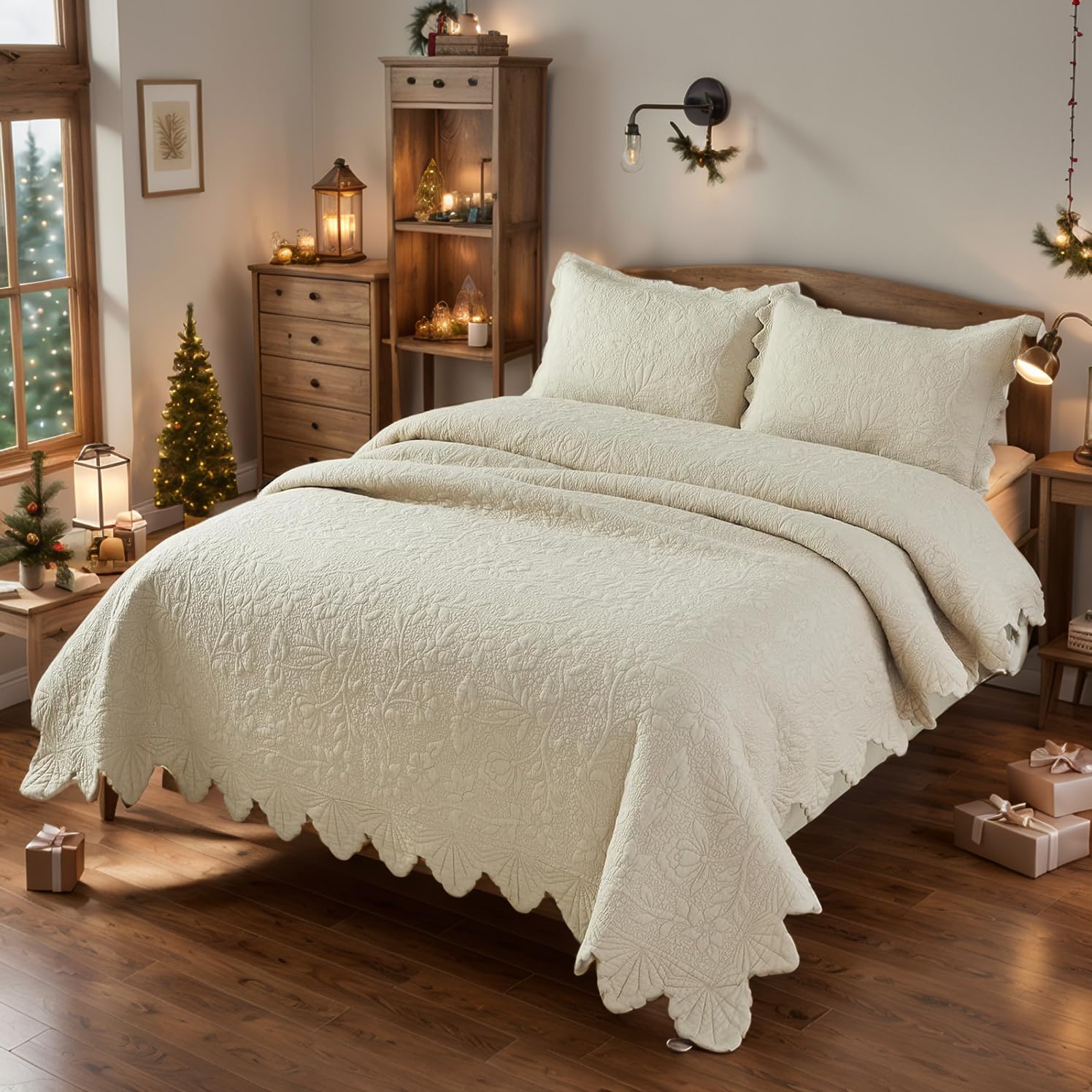 Brandream Beige Quilts Queen King Size Cotton Farmhouse Matelasse Coverlet Scalloped Edge Bedspreads Luxury Quilt Bedding Set 3-Piece 98x106 - Image 2