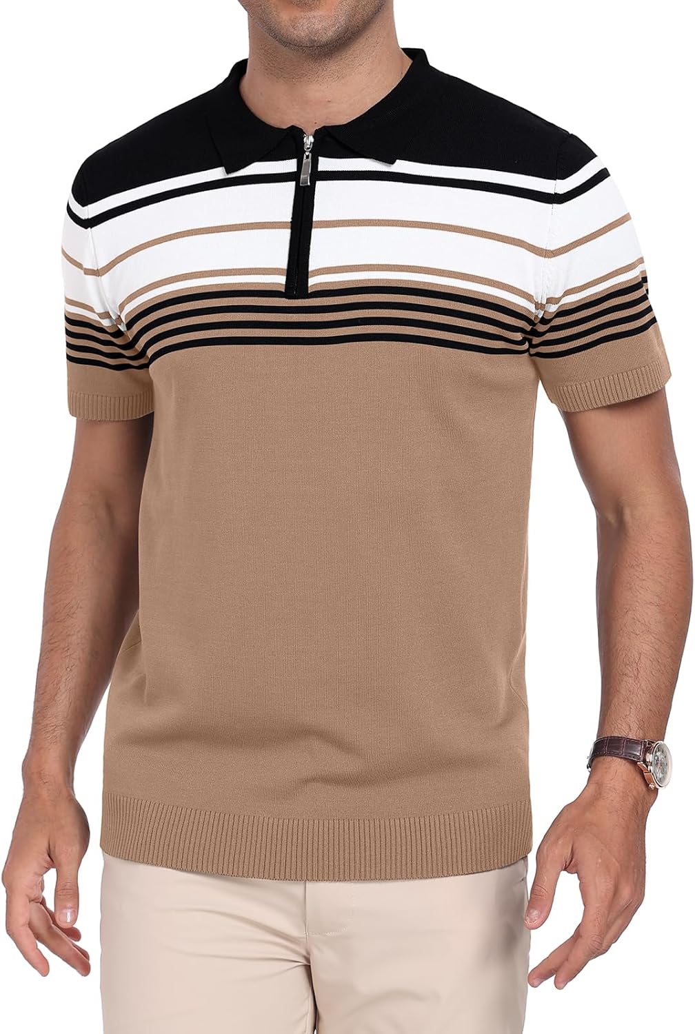 KUYIGO Men's Knit Polo Shirts Short Sleeve Striped Golf Polo Shirts Lightweight Casual Collared T Shirt - Image 3