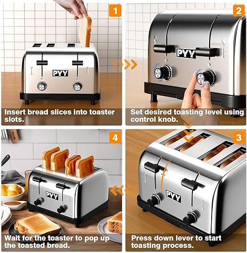 Miniatura 5 de PYY Tostadora comercial 4 rebanadas - 225 rebanadashora 1800W Pop Up ranuras anchas 1.57 pulgadas acero inoxidable 6 niveles ajuste